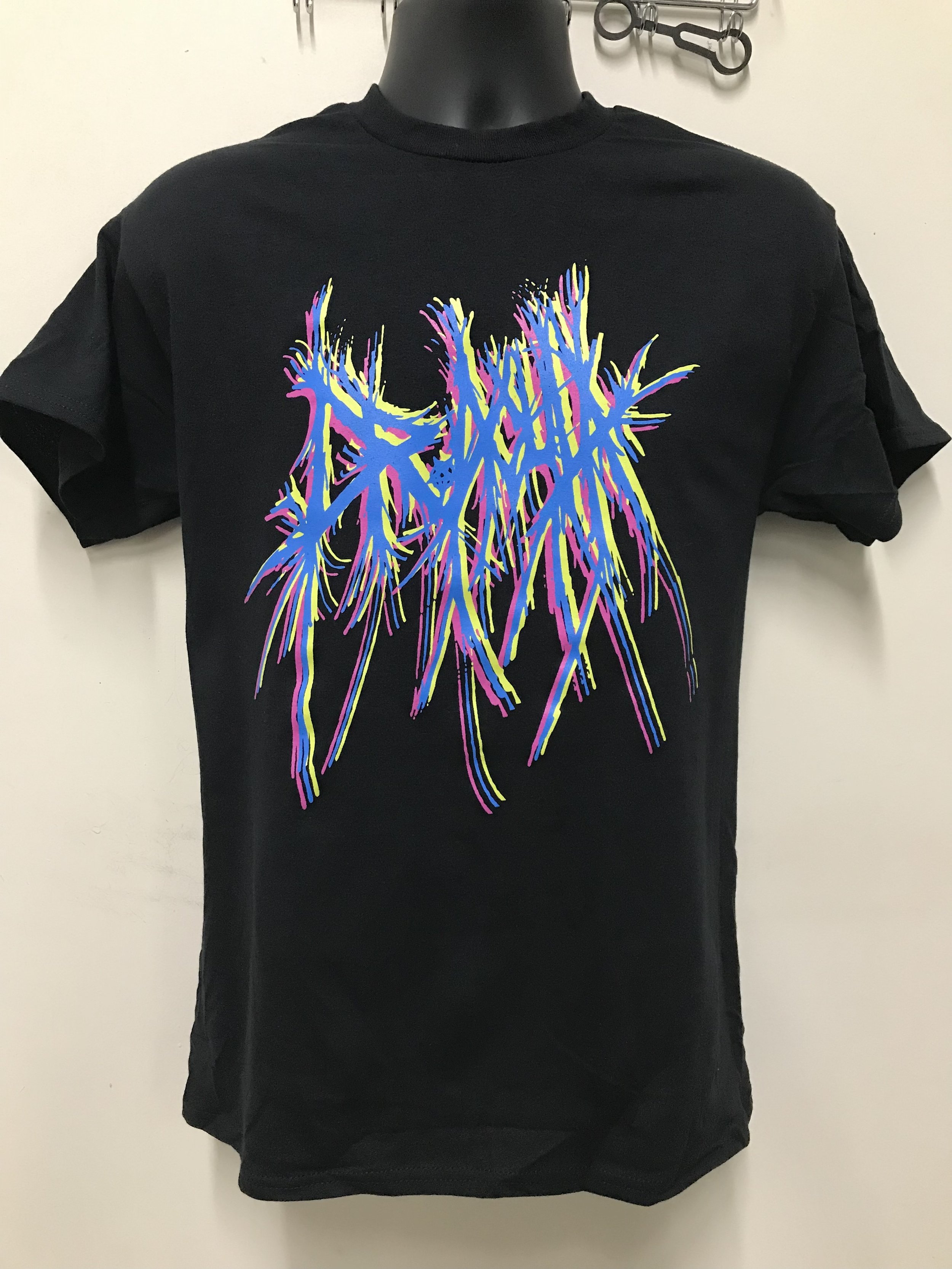 Florescent Multi-Colors Screen Printed on Black Tee Shirt