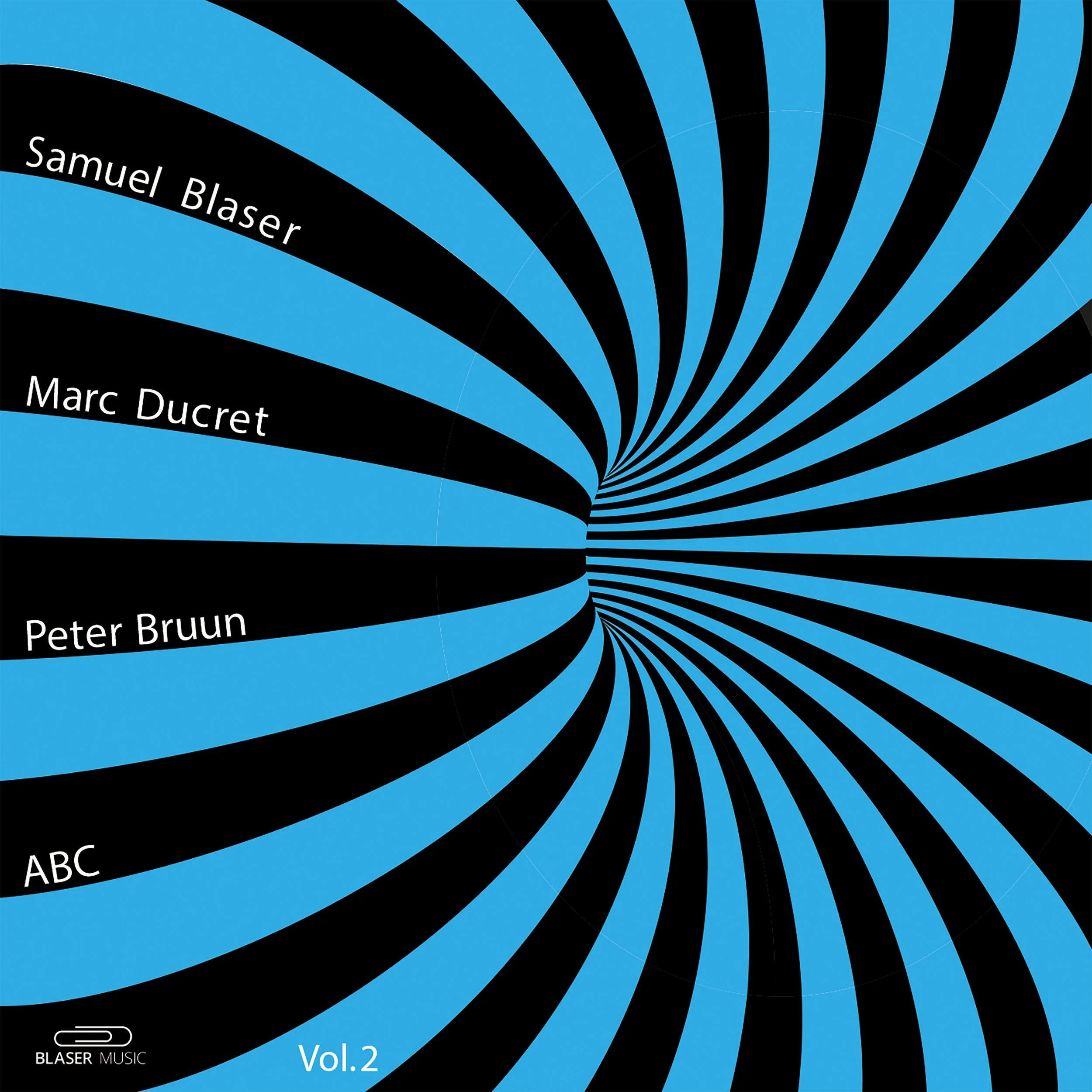 Book cover with blue and black spiral pattern, listing authors Samuel Blaser, Marc Ducret, Peter Bruun, and ABC, with 'Vol. 2' and 'Blaser Music' logos.