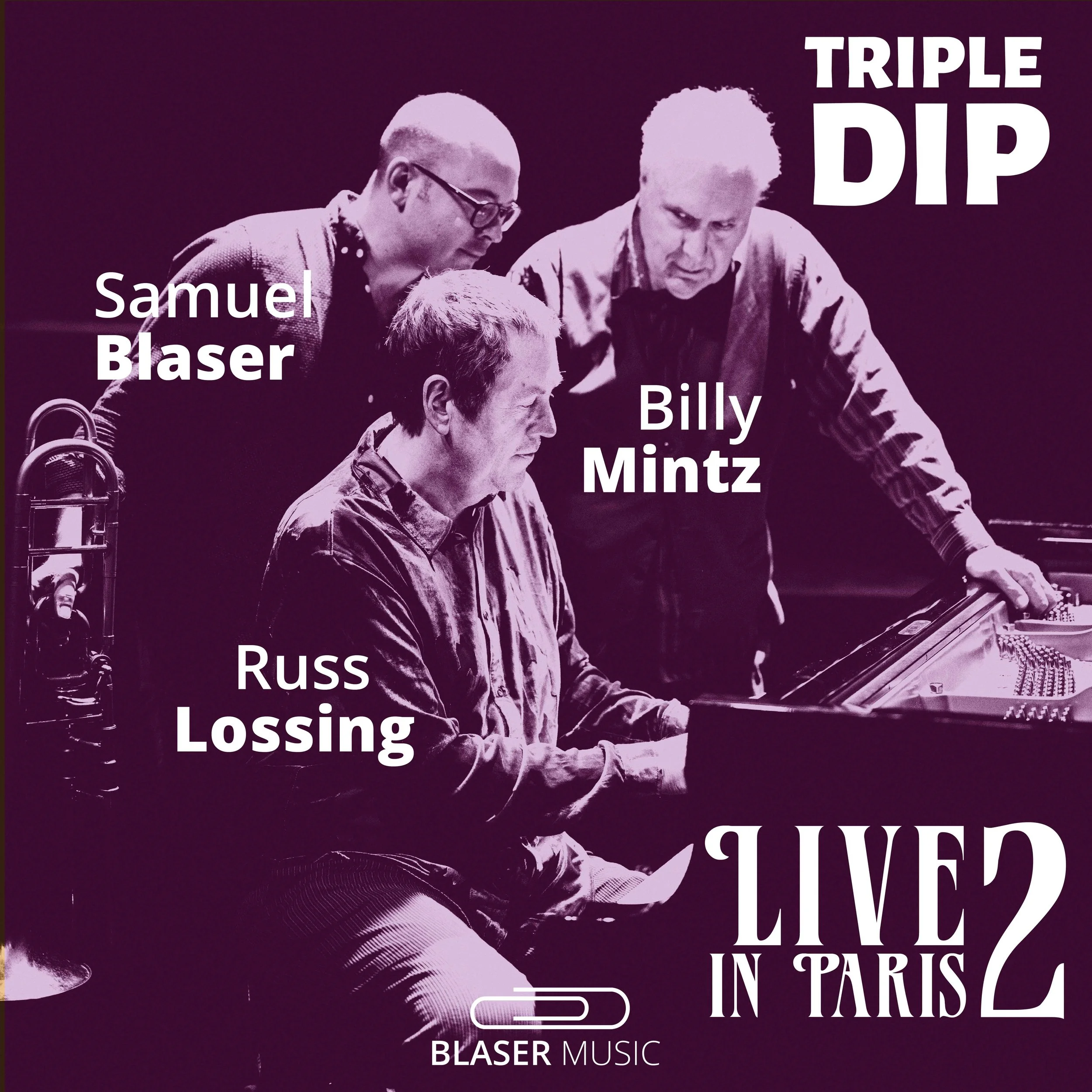 A promotional poster for a live jazz performance featuring Samuel Blaser, Billy Mintz, Russ Lossing, and others, with a purple-tinted photo of the musicians playing the piano and trumpet.