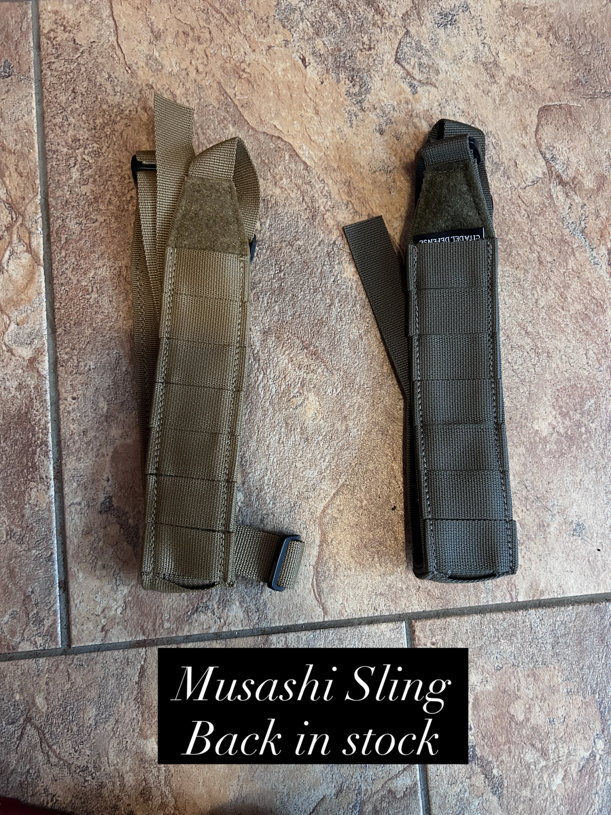 The Musashi Sling 

Back in stock at citadeldefensemn.com

This adjustable slont features a wide pad for comfort with molle on it so you can attach a TQ or whatever your heart desires. 

Butter smooth adjustment.

Hope you like it.