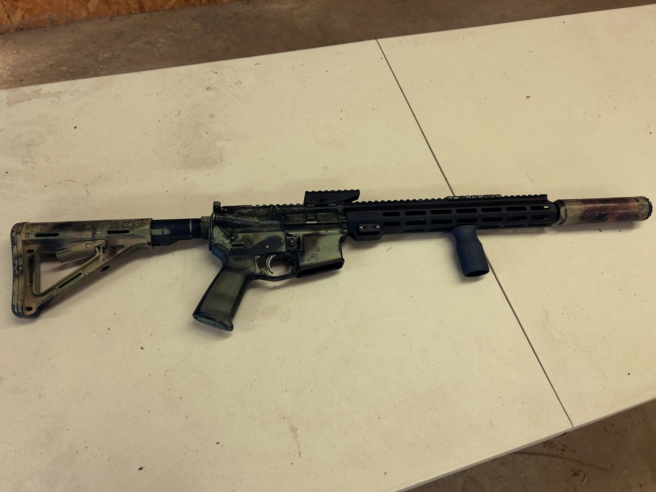 Half way through a new build. 

this is a 13.7 Hanson barrel upper assembled by @focustripp I have had in the safe for a long time. I am finally completing the rifle. Huxwrks flow through can. 
BCM upper receiver and bolt carrier group
Breek arms cha