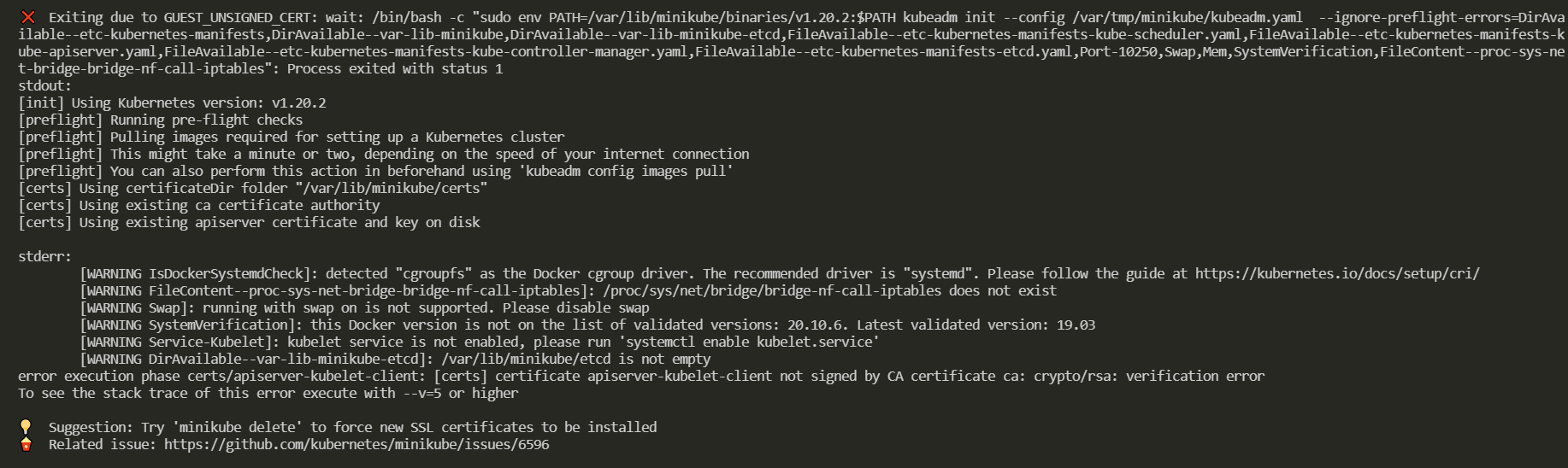 Minikube start error