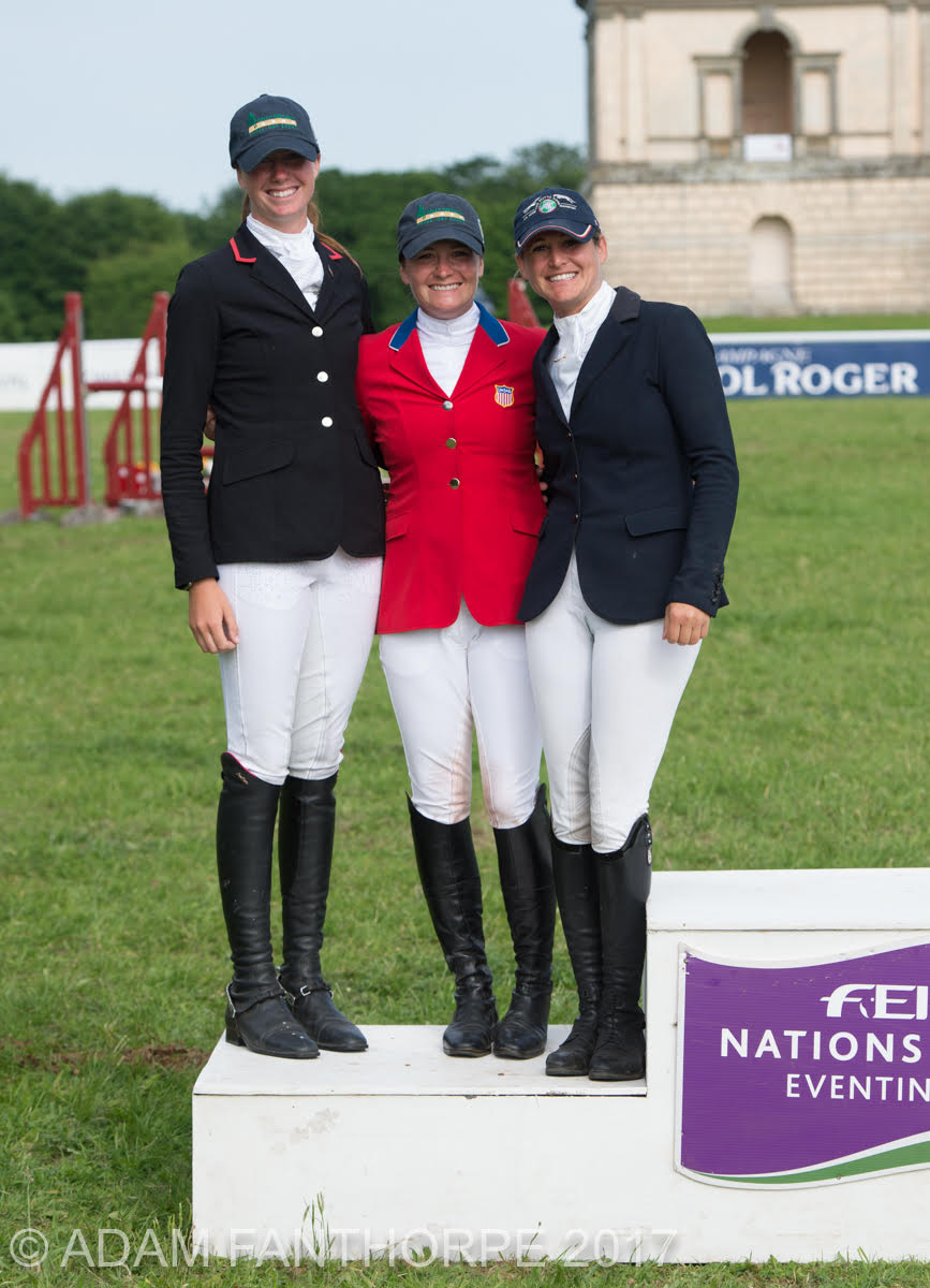 FEI Nations Cup™ podium at the Saracen Horse Feed Houghton International Horse Trials CICO3* - (l to r) U.S., Germany, and Great Britain. Photo Courtesy of Caroline Martin.