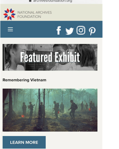 Several scrolls down the home page: Featured Exhibit: Remembering Vietnam with a photo and Learn More button