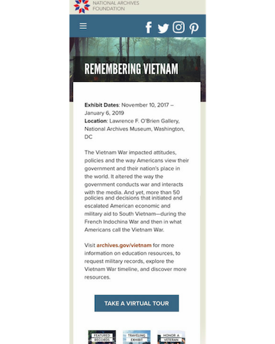 Remembering Vietnam page separate from the Exhibits section, also lists dates, location, and a summary of the exhibit, but also with additional information about the initiative.