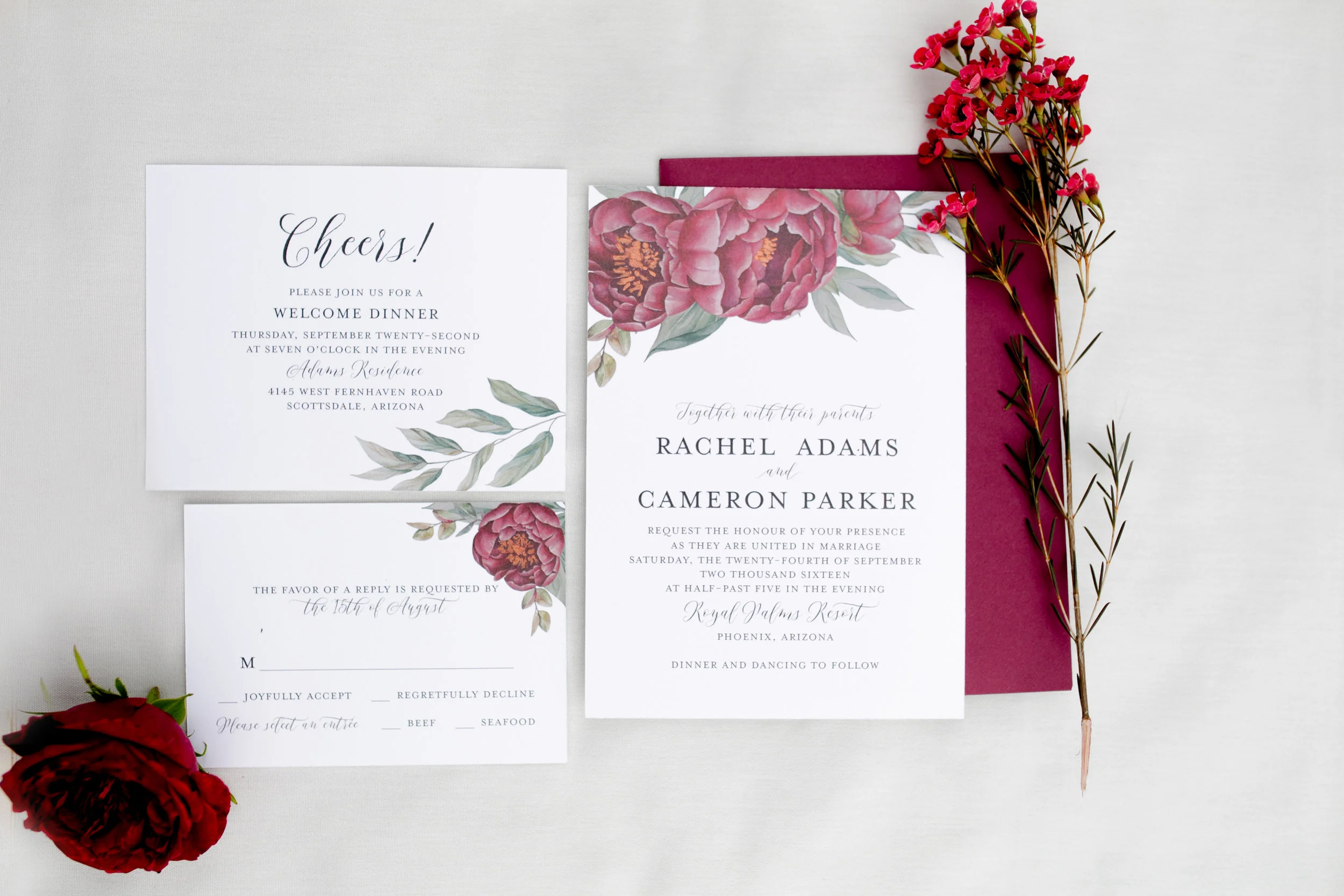 peony wedding invitation, floral wedding invitation