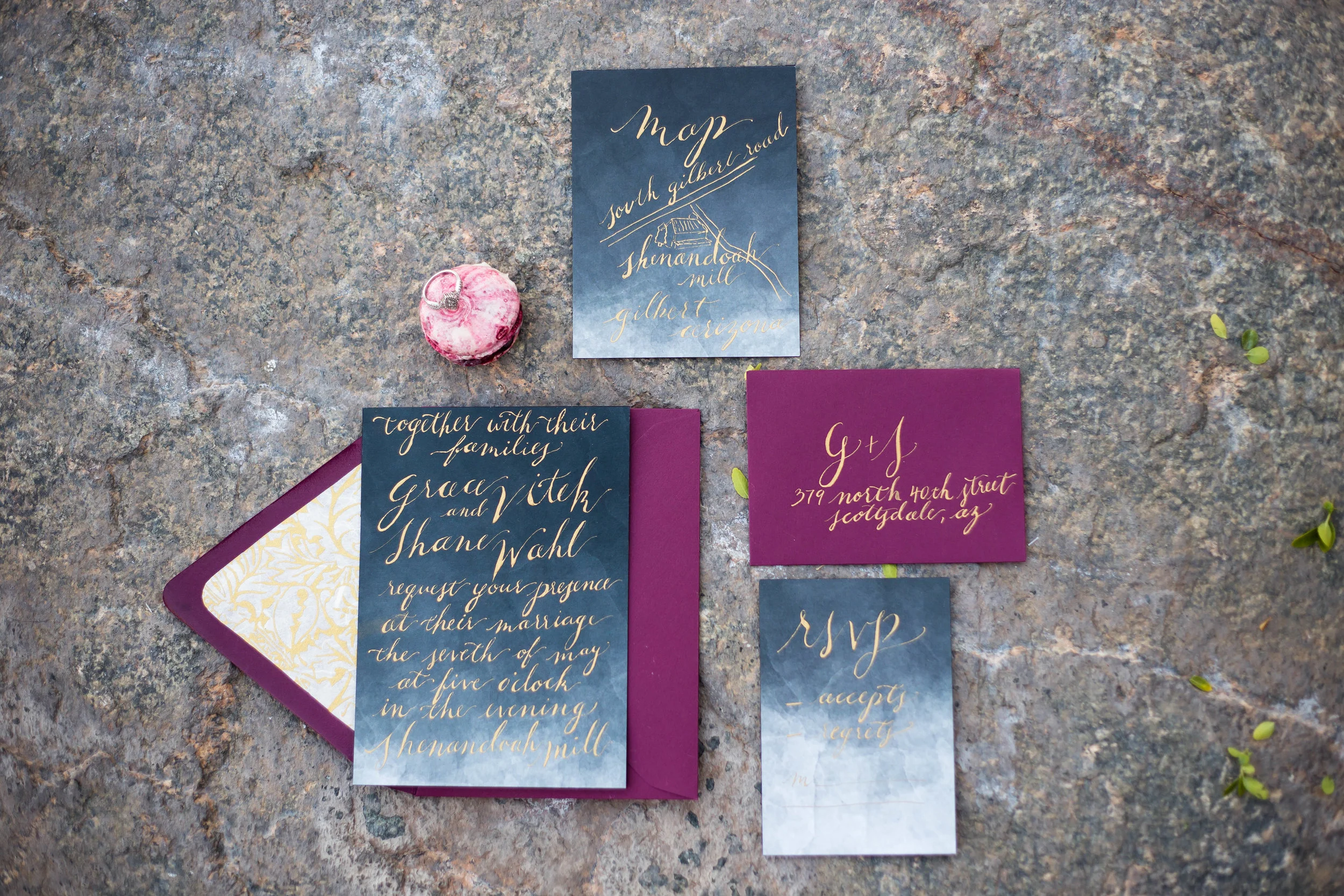 gold calligraphy wedding invitation