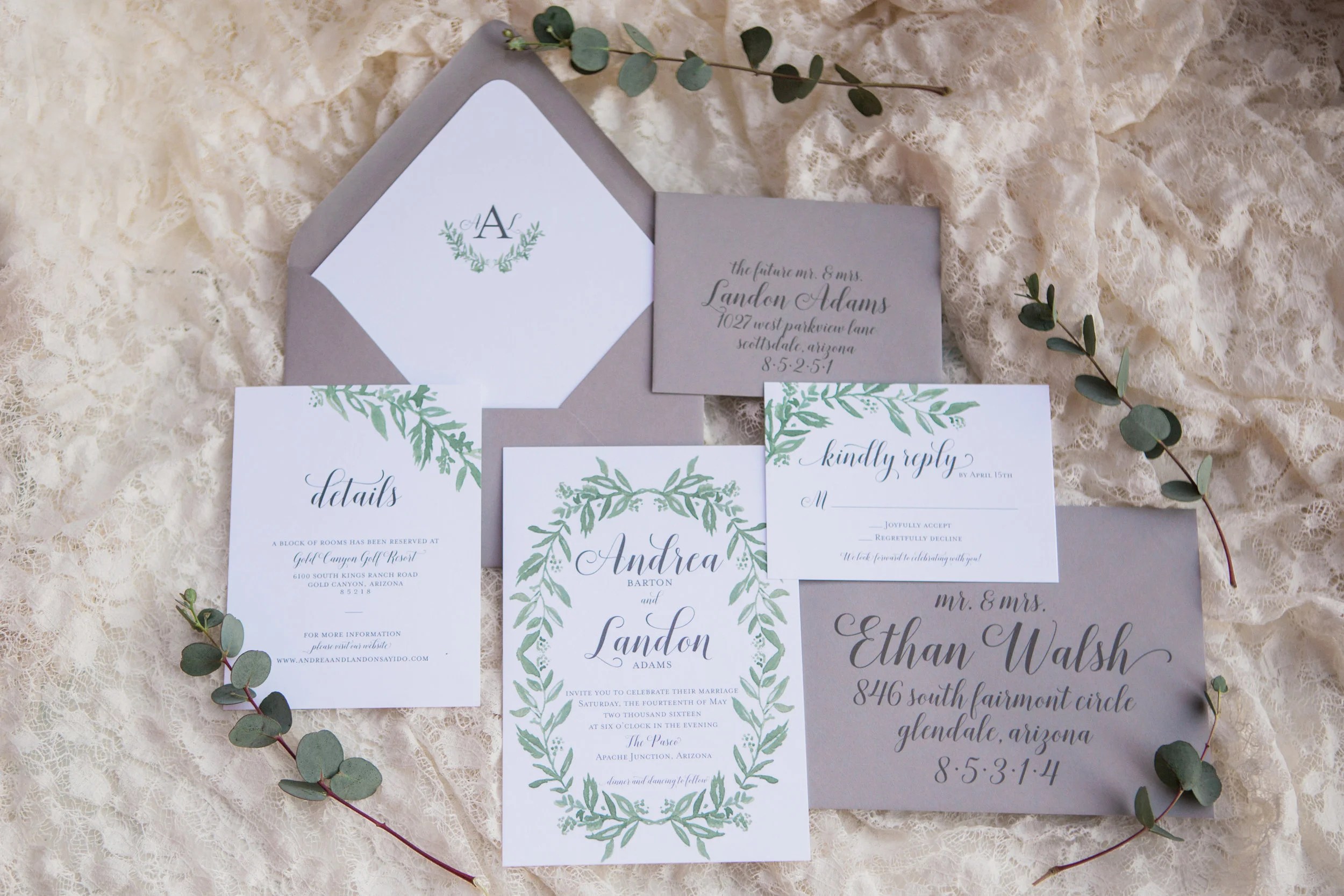 laurel wedding invitation, romantic wedding invitation