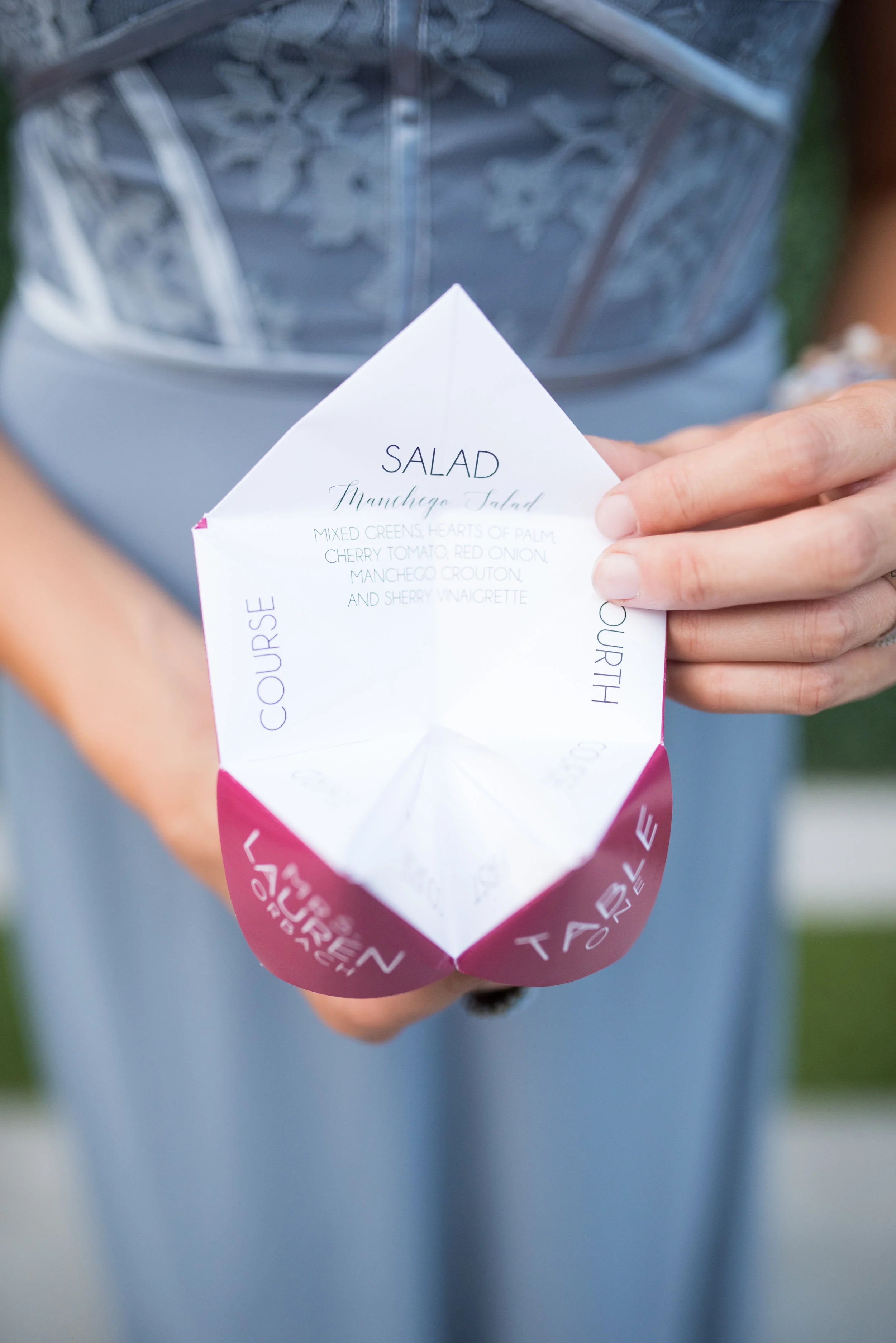 geometric wedding invitation, cootie catcher wedding menu