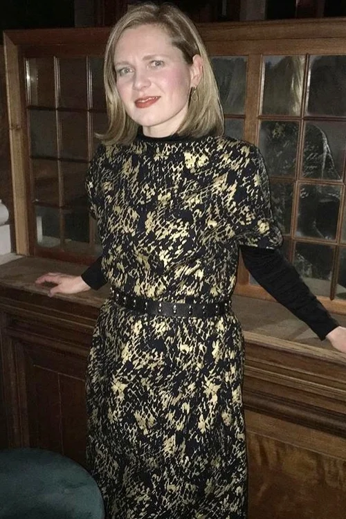 Erica in her Gold Reptile Party Frock at The Ned, London