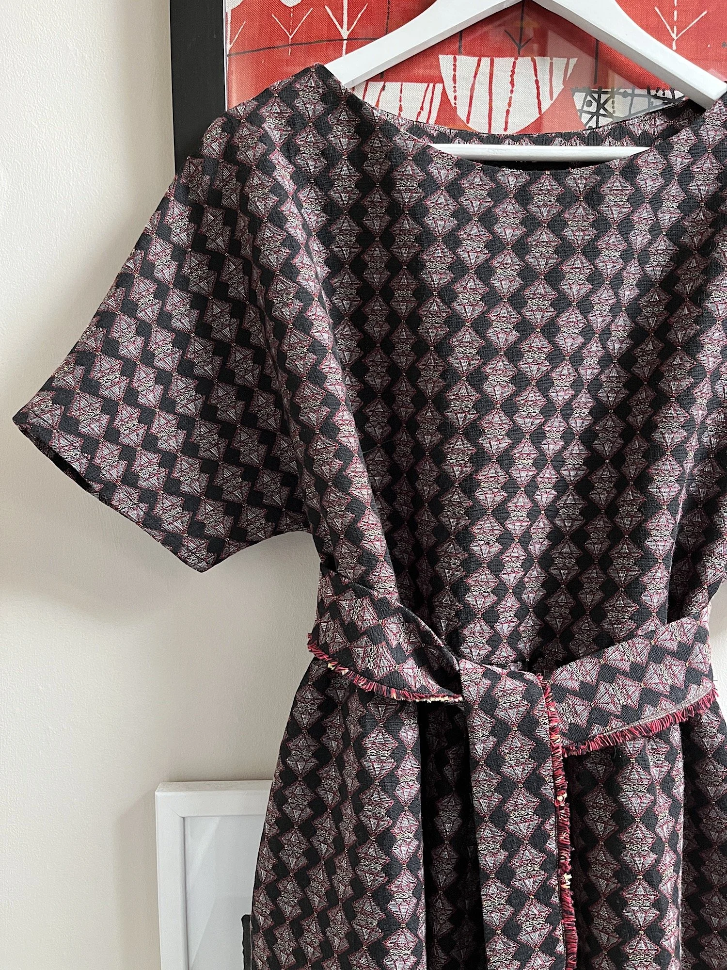 handmade dress in vintage geometric fabric