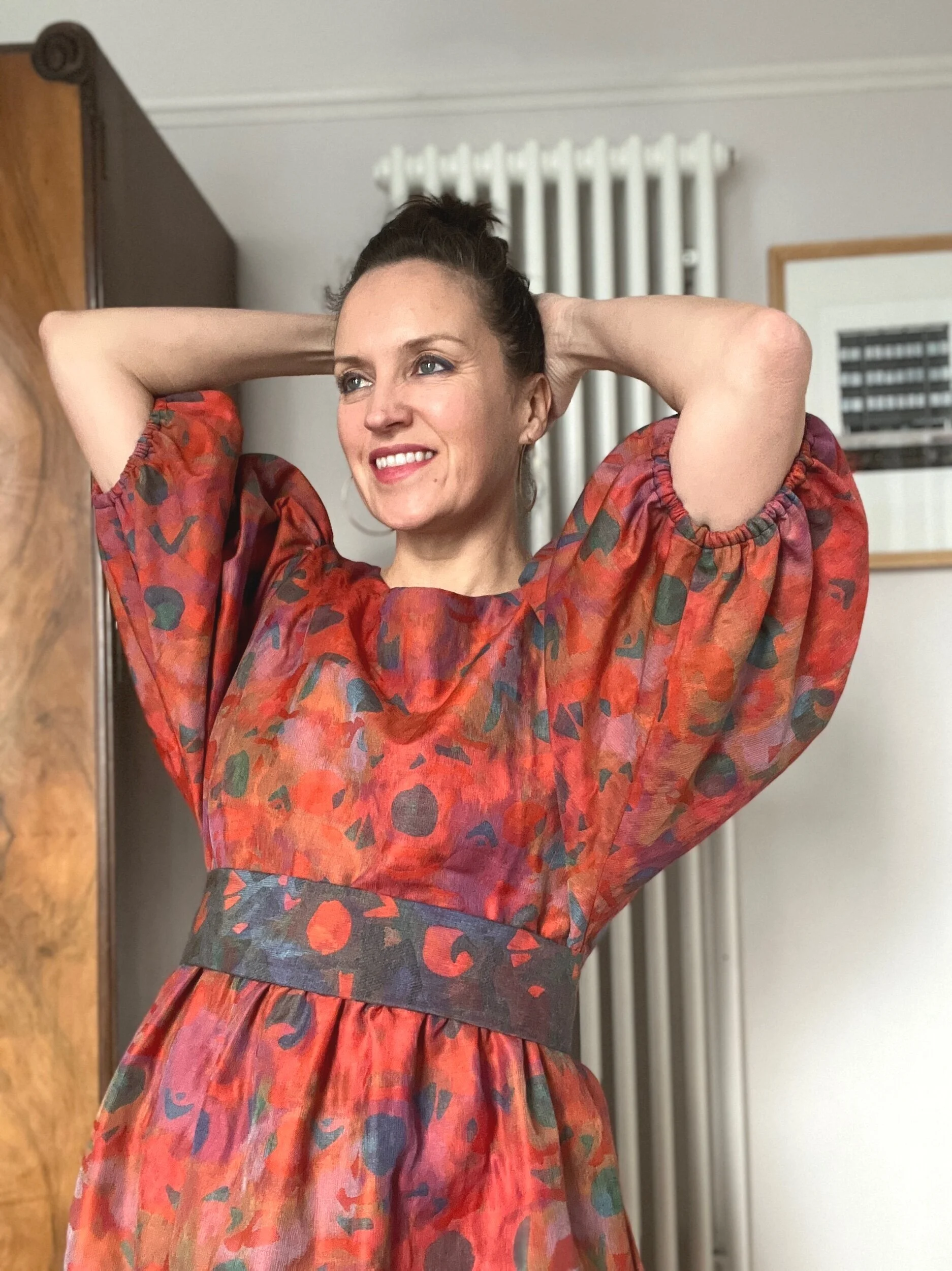 Handmade puff sleeve dress in vintage fabrics