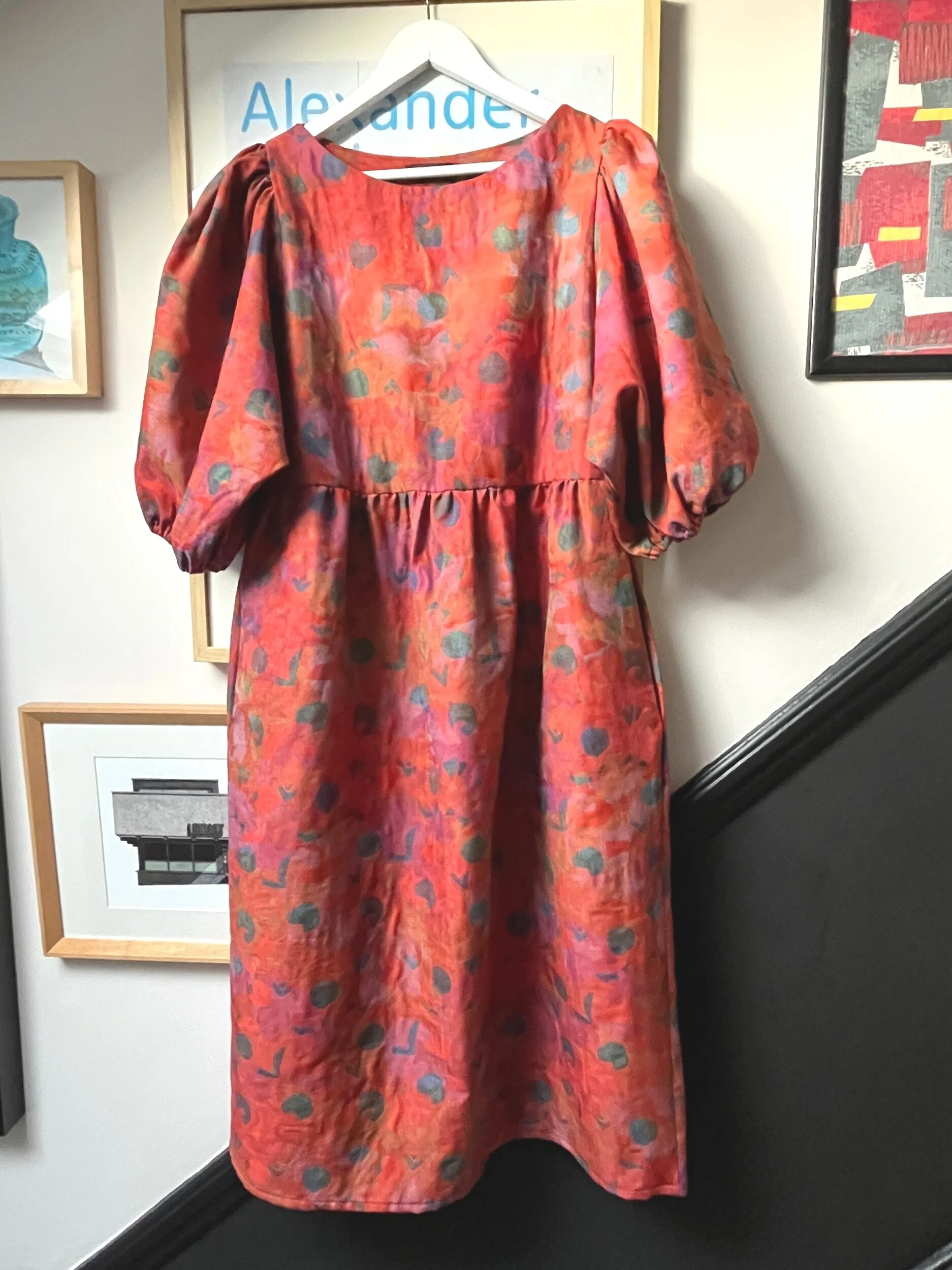 Handmade puff sleeve dress in vintage fabrics