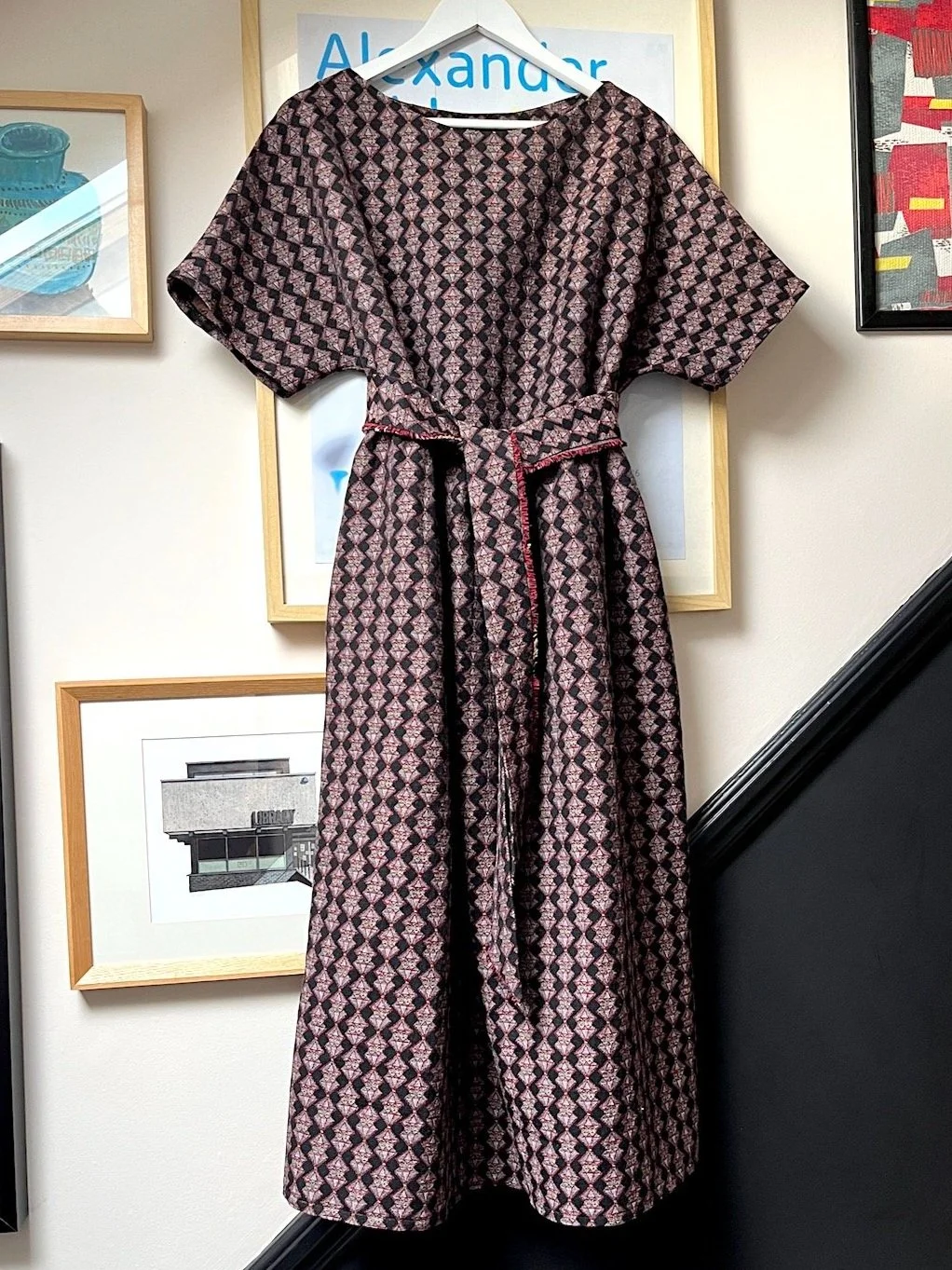 handmade dress in vintage geometric fabric