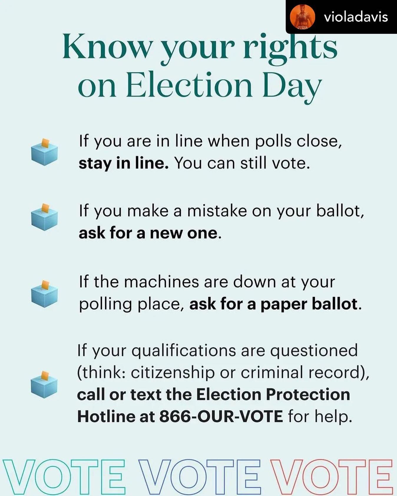 .
Repost&bull; @violadavis Send this to everyone you know who&rsquo;s voting on #ElectionDay. It&rsquo;s important to know your rights in the voting booth &mdash; because casting your ballot should be as easy and convenient as possible.

But in recen