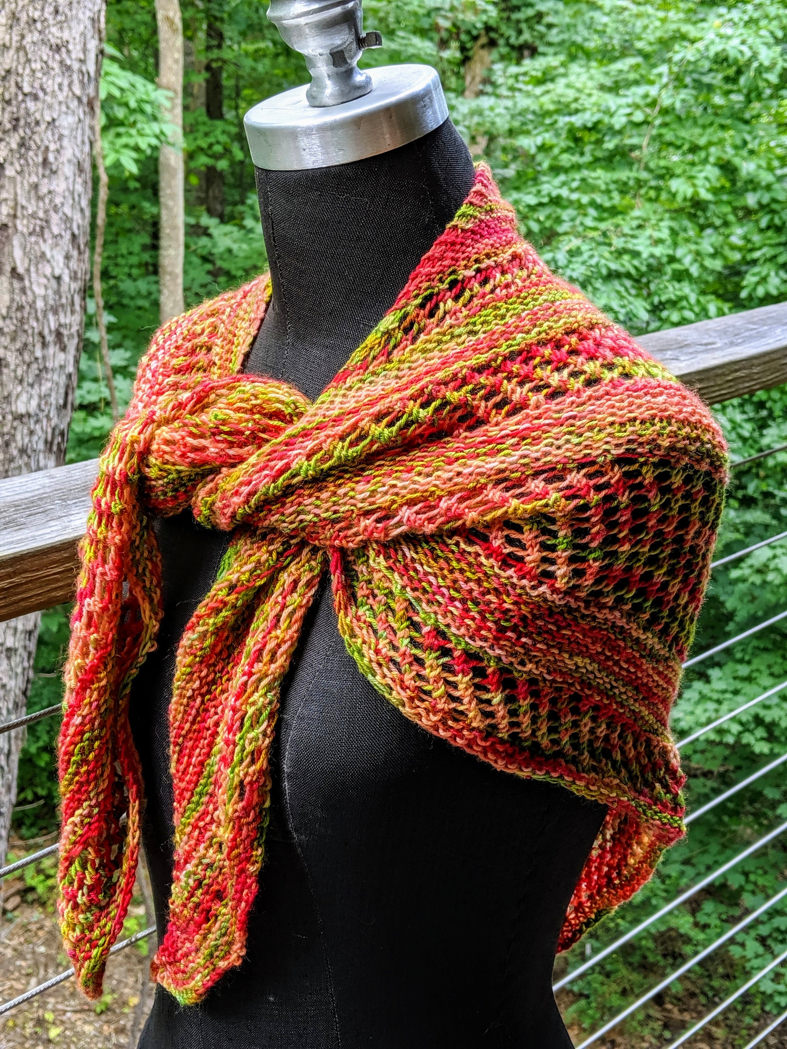 Red and green shawl; wool and nylon