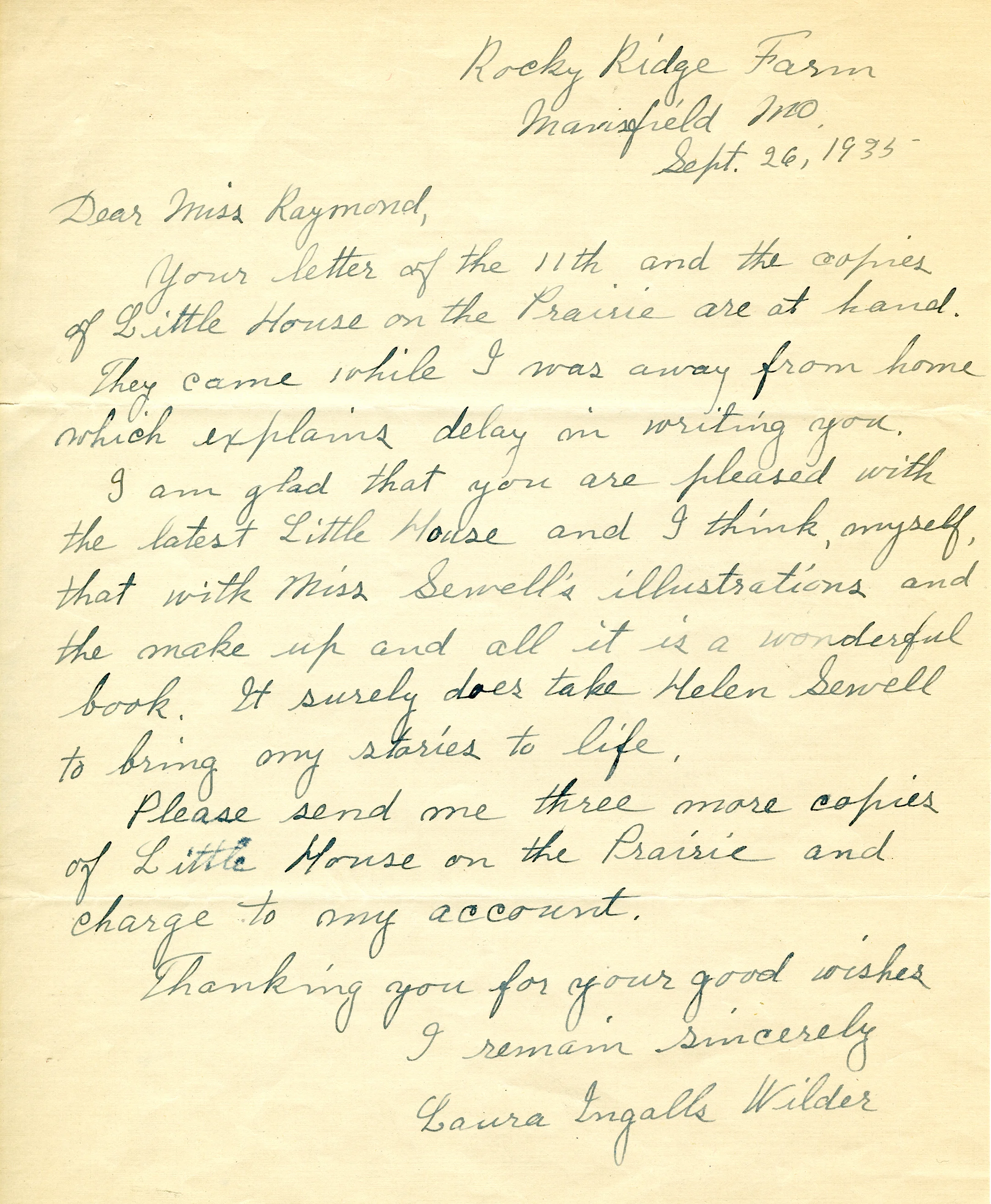 Hand-written letter, Laura Ingalls Wilder