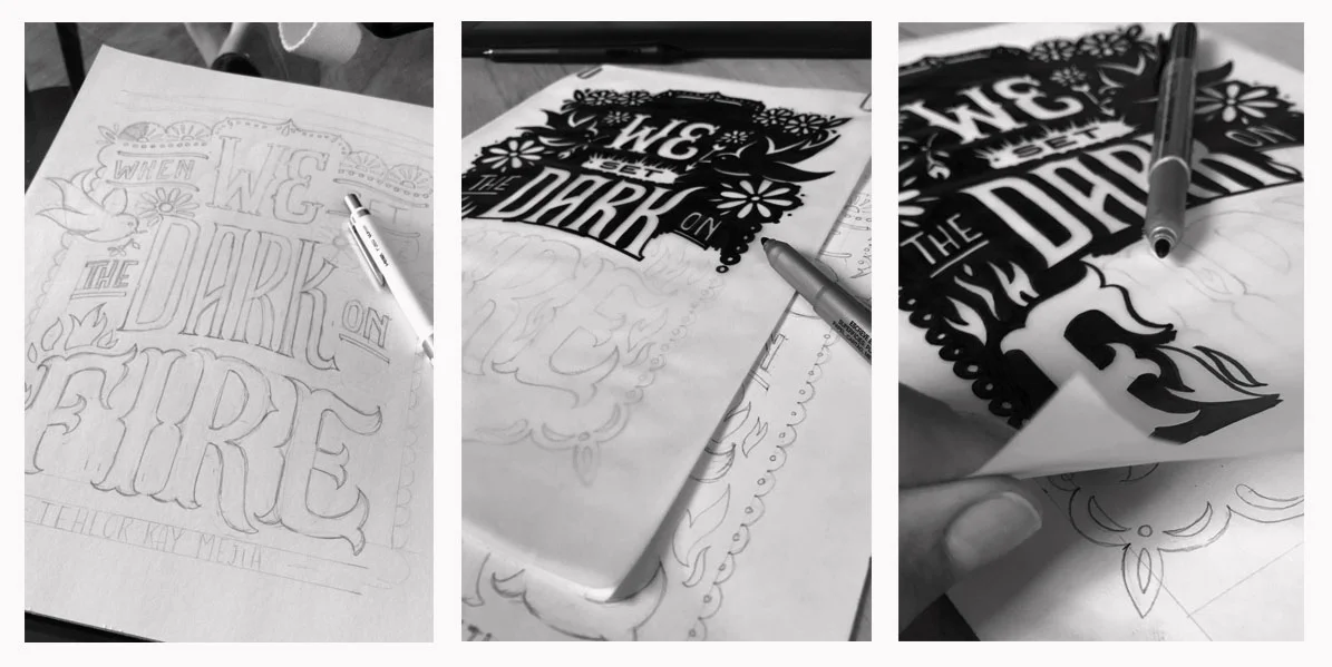 Handwritten lettering process with paper, pencil, vegetable ink and black pen.