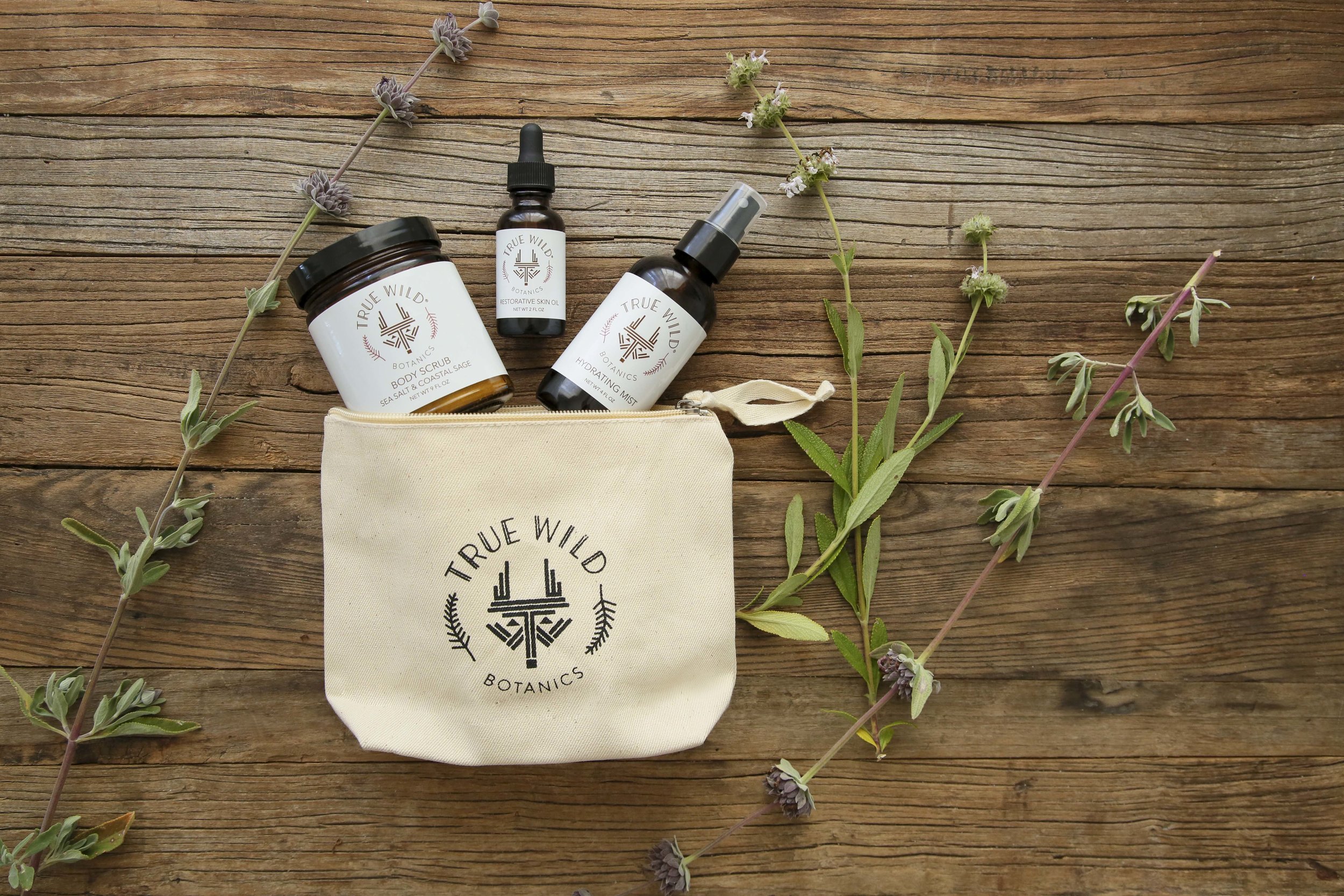 True Wild Botanics- Sea Salt and Coastal Sage Scrub-Hydrating Mist-Restorative Skin Oil-Canvas Zipper Pouch