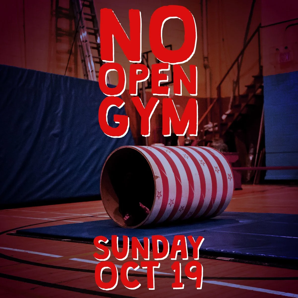 🚨 There will be NO open gym this Sunday October 19th! 🚨

Our deepest apologies to all you hardworking circus artists!

We still have open gym time on Fridays 7:30 - 9:30, and Sunday the 25th.

#circus #halifax #announcement #class
