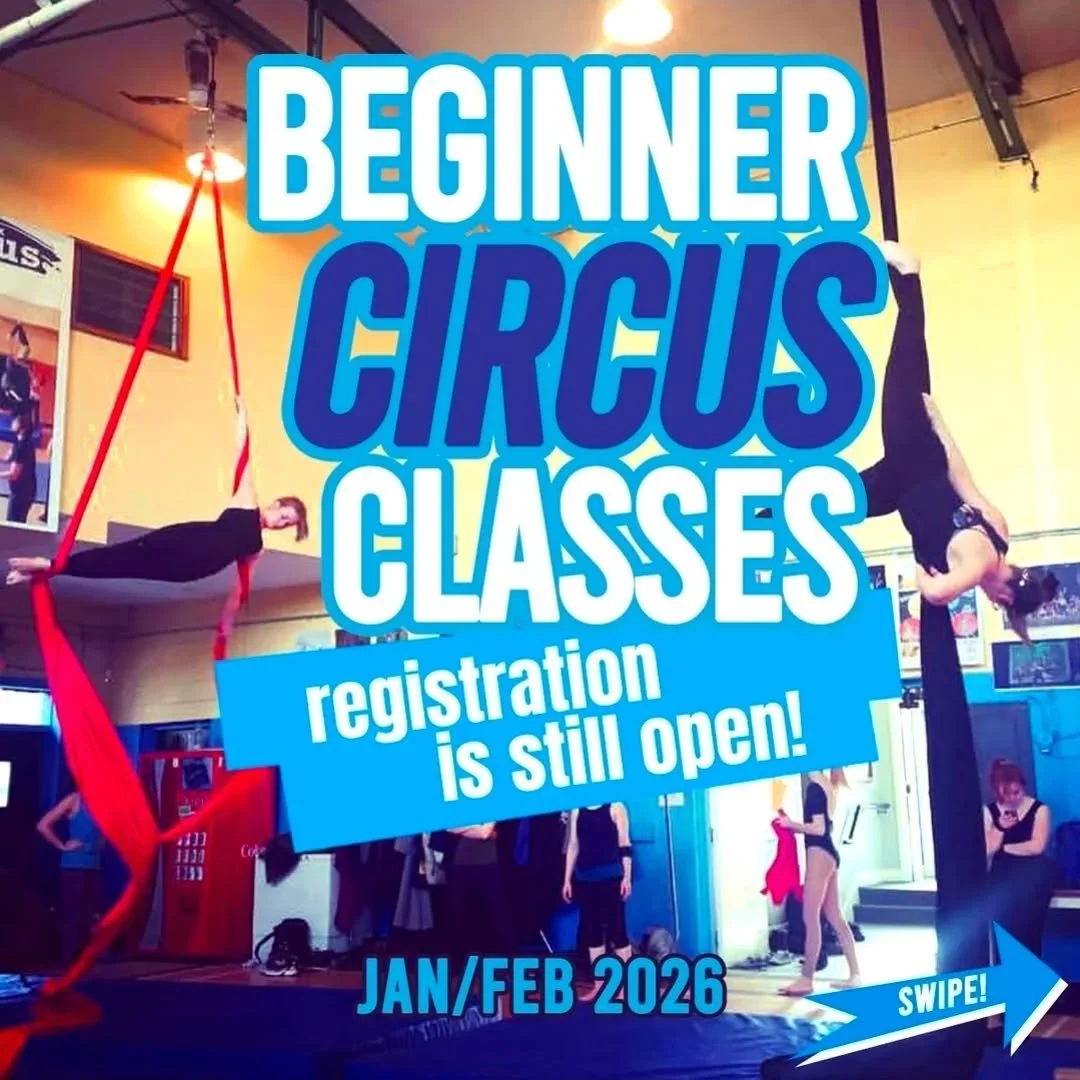 Thinking about getting into circus, but you don't know where to start? 

Registration is still open for our open-level/beginner classes:

🔶WEDNESDAY🔸

🔸PARTNER ACRO - No partner required!
8 - 9:30 PM
with Kyle

🔷THURSDAY🔷

🔹Aerial Hoop &amp; Sl