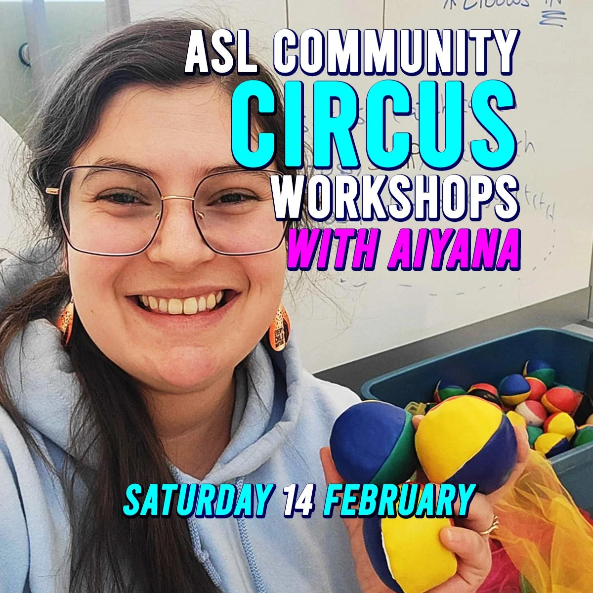 This Saturday, Aiyana will be putting on another ASL Community Worskshop!

🟢 Saturday February 14, 2026

🔷 11AM-12:30PM Floor: juggling, hula hoop, acro, and more (drop-ins welcome, no need to register!)

🔶 1-2:30PM Aerials: silks, hoop, and trape