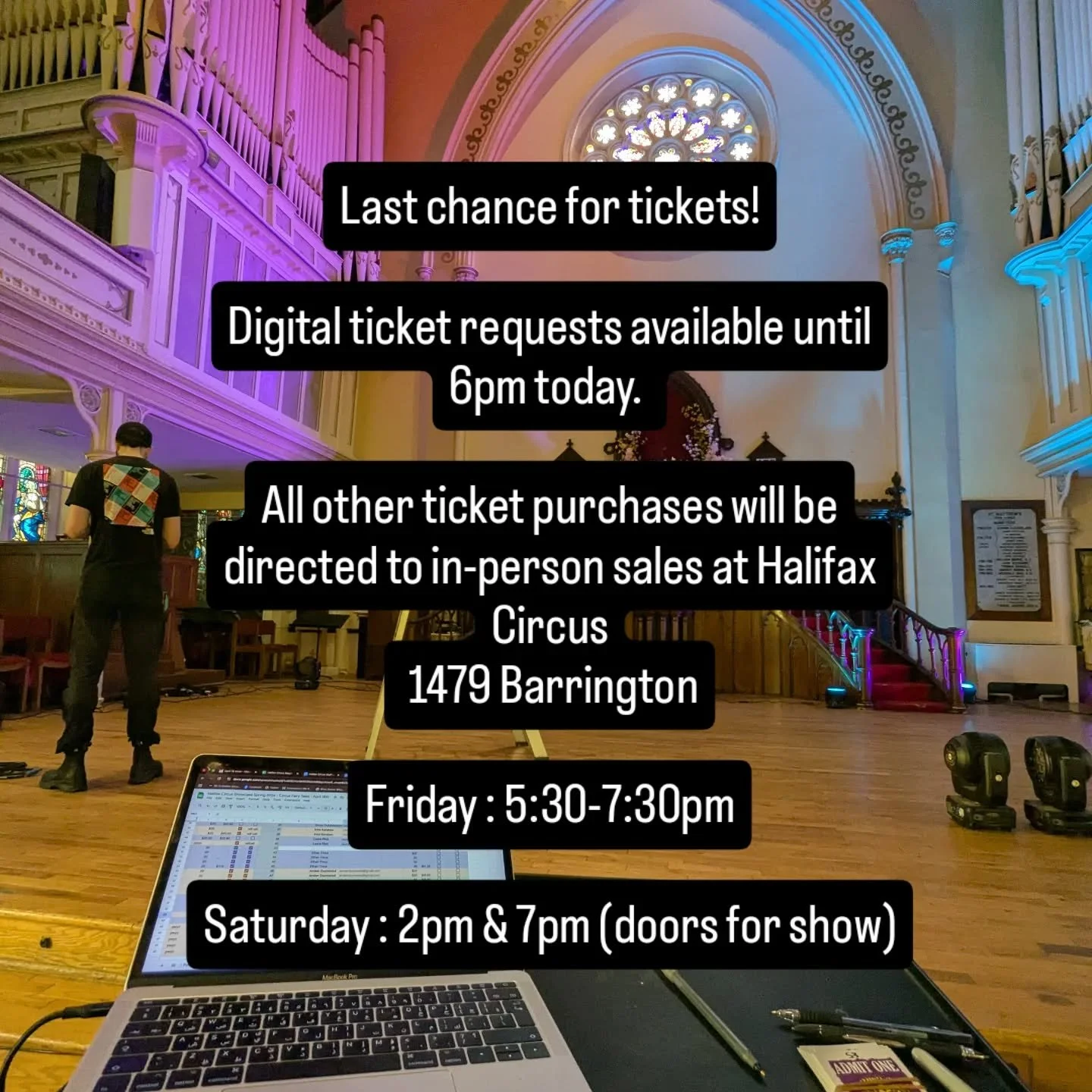 Last chance for tickets!

Digital ticket requests available until 6pm today. 

All other ticket purchases will be directed to in-person sales at Halifax Circus - 1479 Barrington:

Friday : 5:30-7:30pm (today)

Saturday : 2pm &amp; 7pm (doors for show