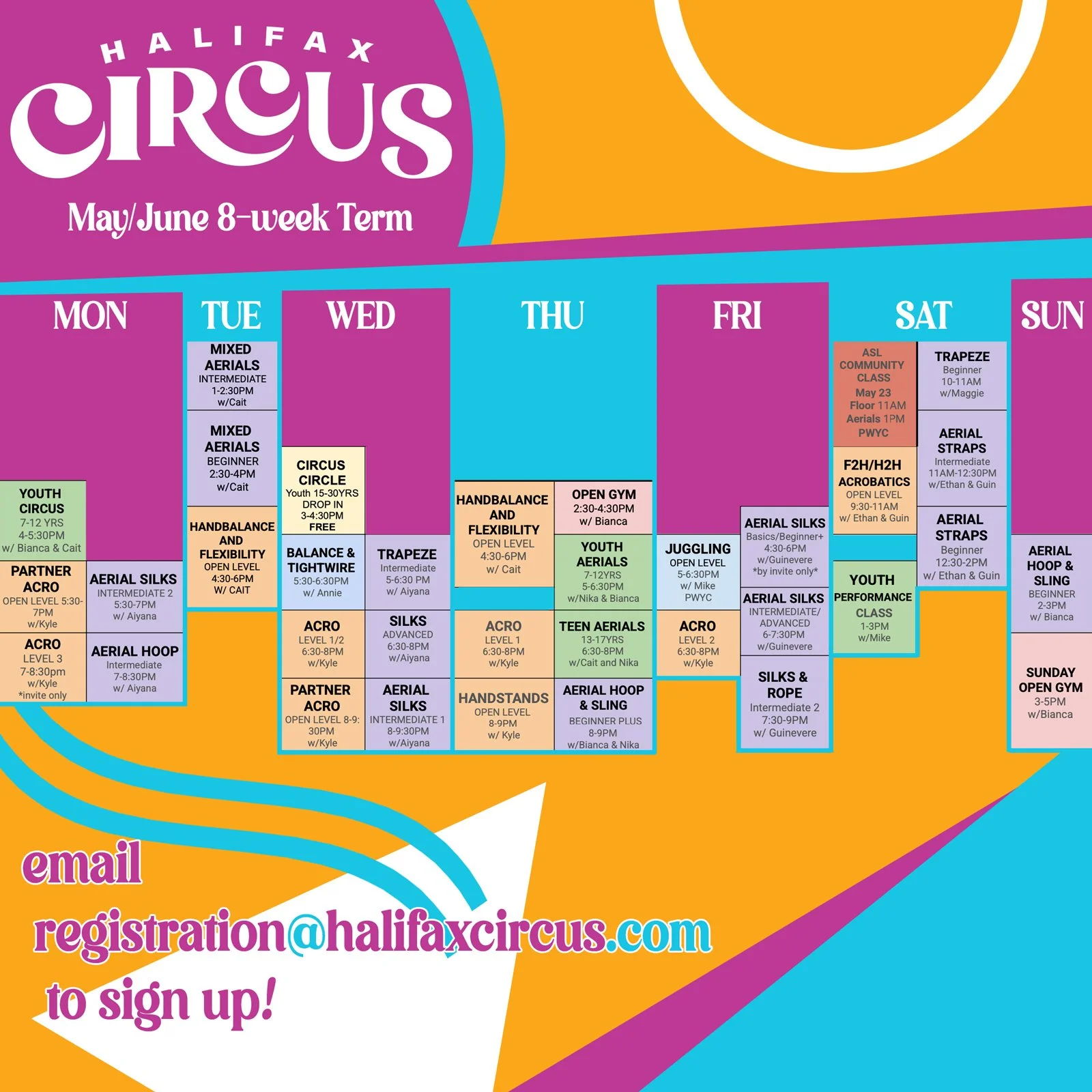 🌸Spring is truly upon us - time to dust off that cartwheel 🤸

Our next 8-week term kicks off on MAY 4th with these NEW CLASSES:

🟣 Youth Circus w/ Cait &amp; Bianca
Mondays 4-5:30PM

🟠 Mixed Aerials (intermediate) w/ Cait
Tuesdays 1-2:30PM

🔵 Ha