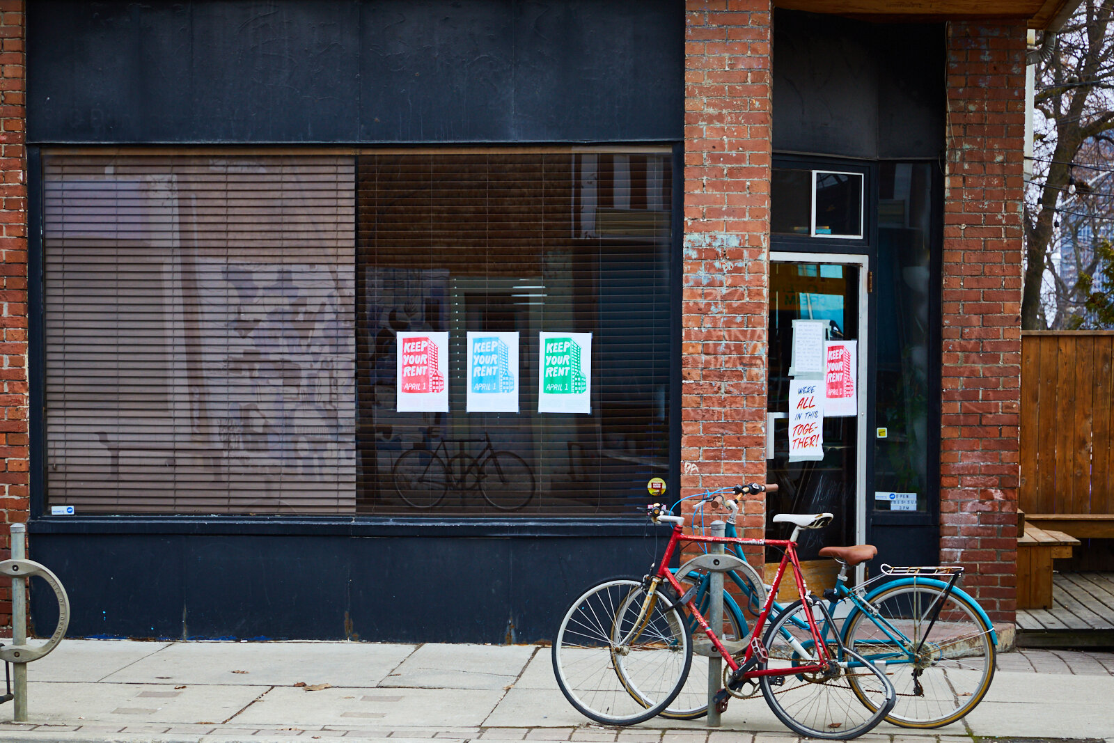 Posters on the shuttered windows of Northern Belle for the ‘Keep Your Rent’ movement, in solidarity with tenants struggling to pay rent. Homeowners across Canada have been given the option to defer their mortgage payments for up to six months, but r