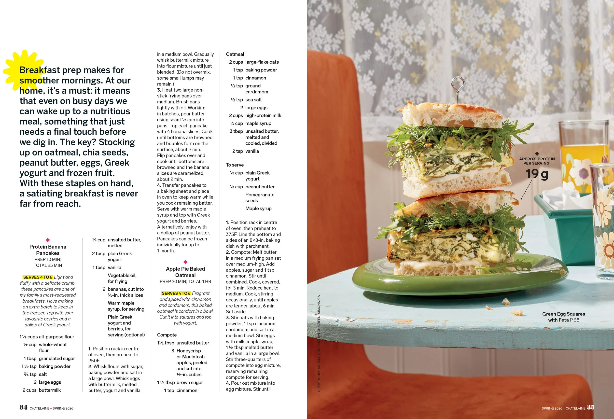 chatelaine magazine weekend feast spread featuring make-ahead breakfasts packed with protein and flavour like the green egg squares with fetaphotographed by toronto food photographer christie vuong