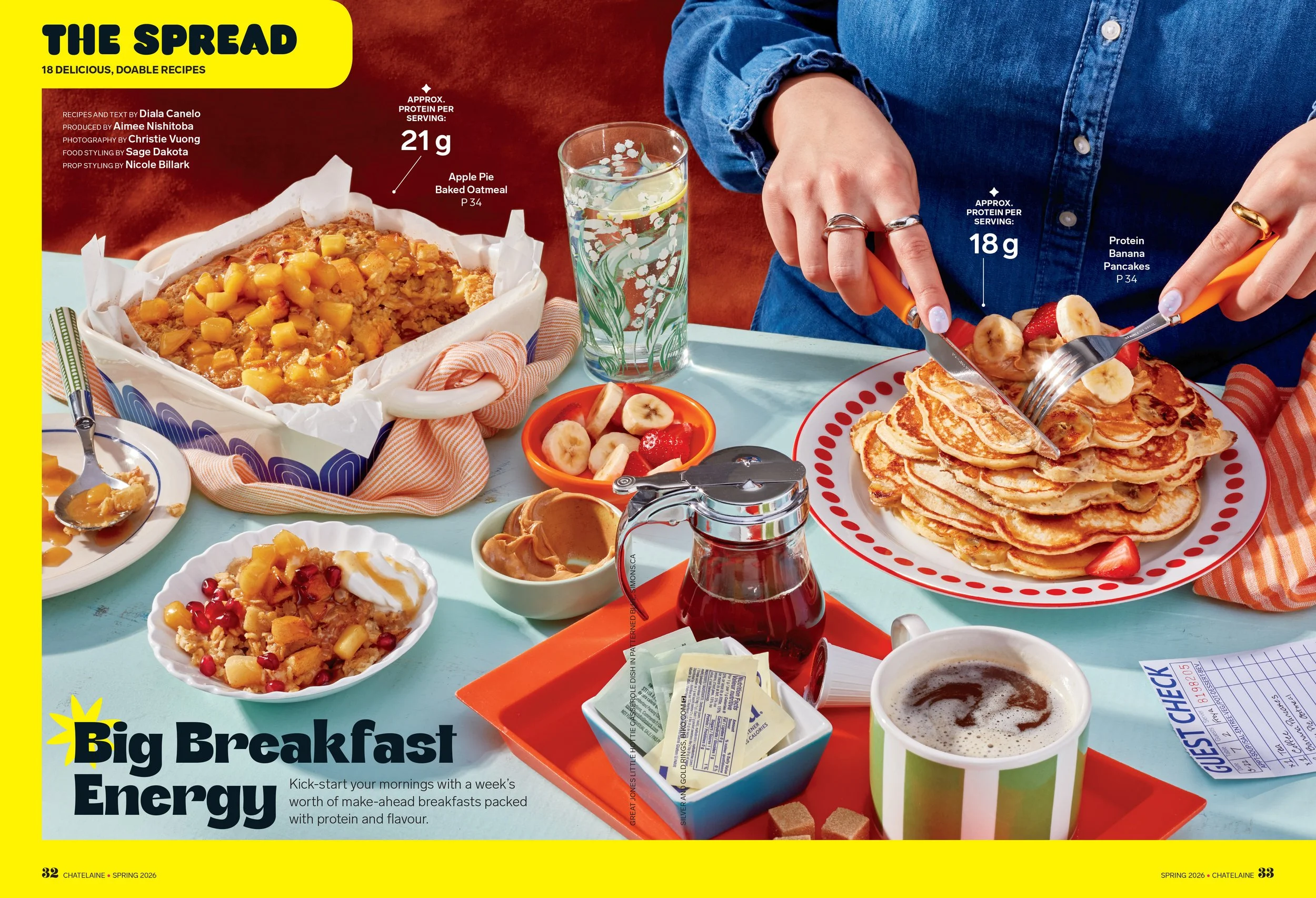 chatelaine magazine weekend feast spread featuring make-ahead breakfasts packed with protein and flavour llike protein banana pancakes and apple pie baked oatmeal photographed by toronto food photographer christie vuong