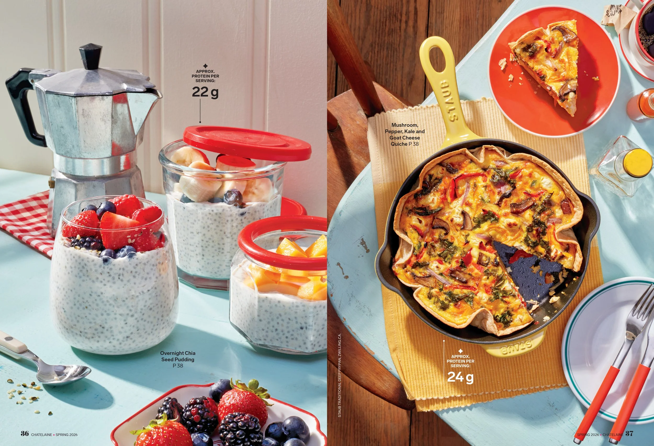 chatelaine magazine weekend feast spread featuring make-ahead breakfasts packed with protein and flavourovernight chia seed pudding and mushroom, pepper, kale and goat cheese quichephotographed by toronto food photographer christie vuong