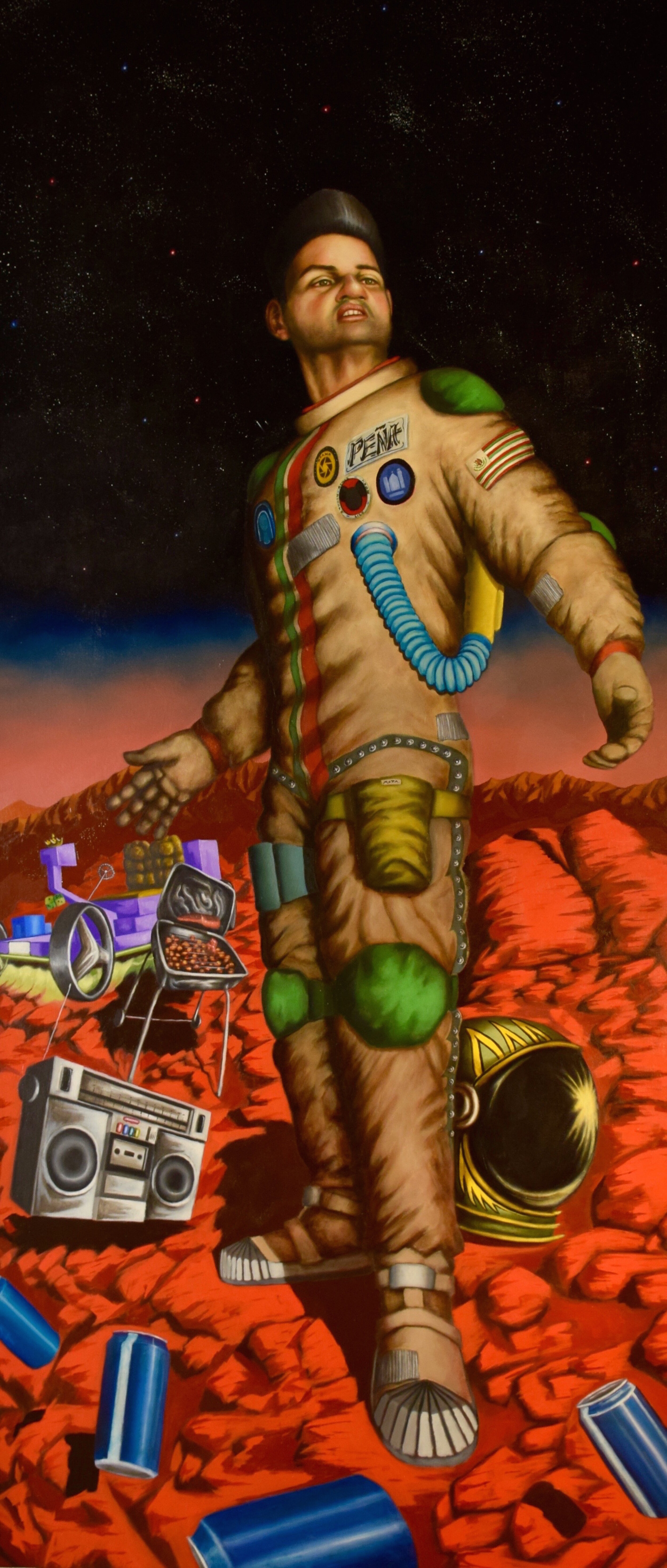 "The First Mexican on Mars," 2019, Oil on canvas on wood, 80" x 36" (Sold)