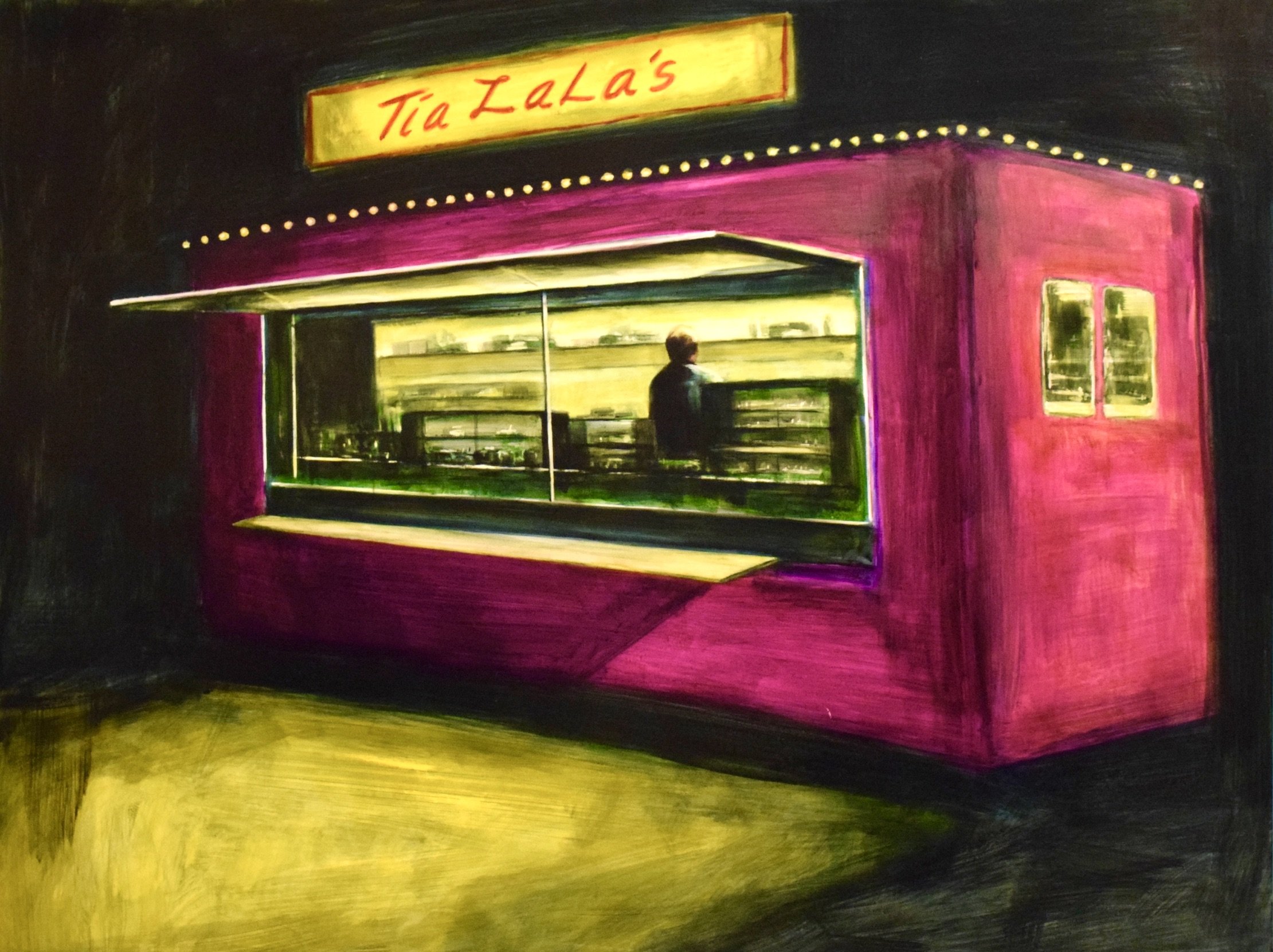 “Lala’s, Late August,” 2022, Ink on Yupo paper, 20” x 26” (SOLD)