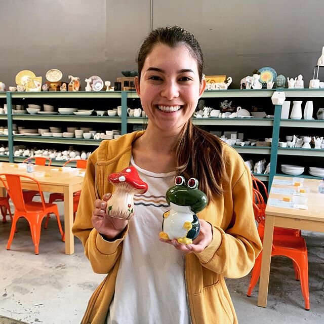 Aren&rsquo;t these so adorable! Thank you for coming in @alexcohen345 and @emilyyy7676 #frog #mushroom #potterypainting #fireflyceramics #ventura #openforbusiness