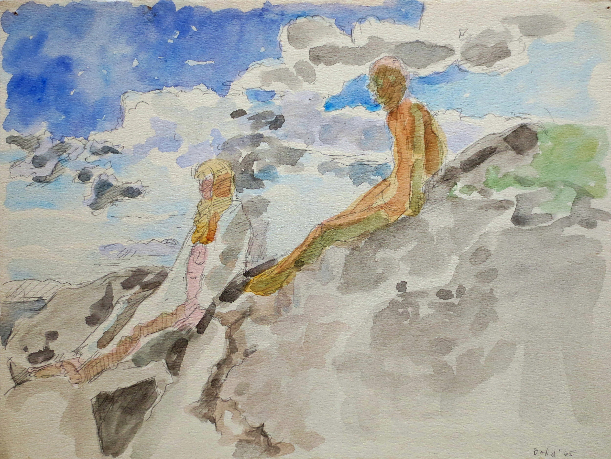 Lois Dodd, Two Figures on Rocks (Models on Rock), 1965