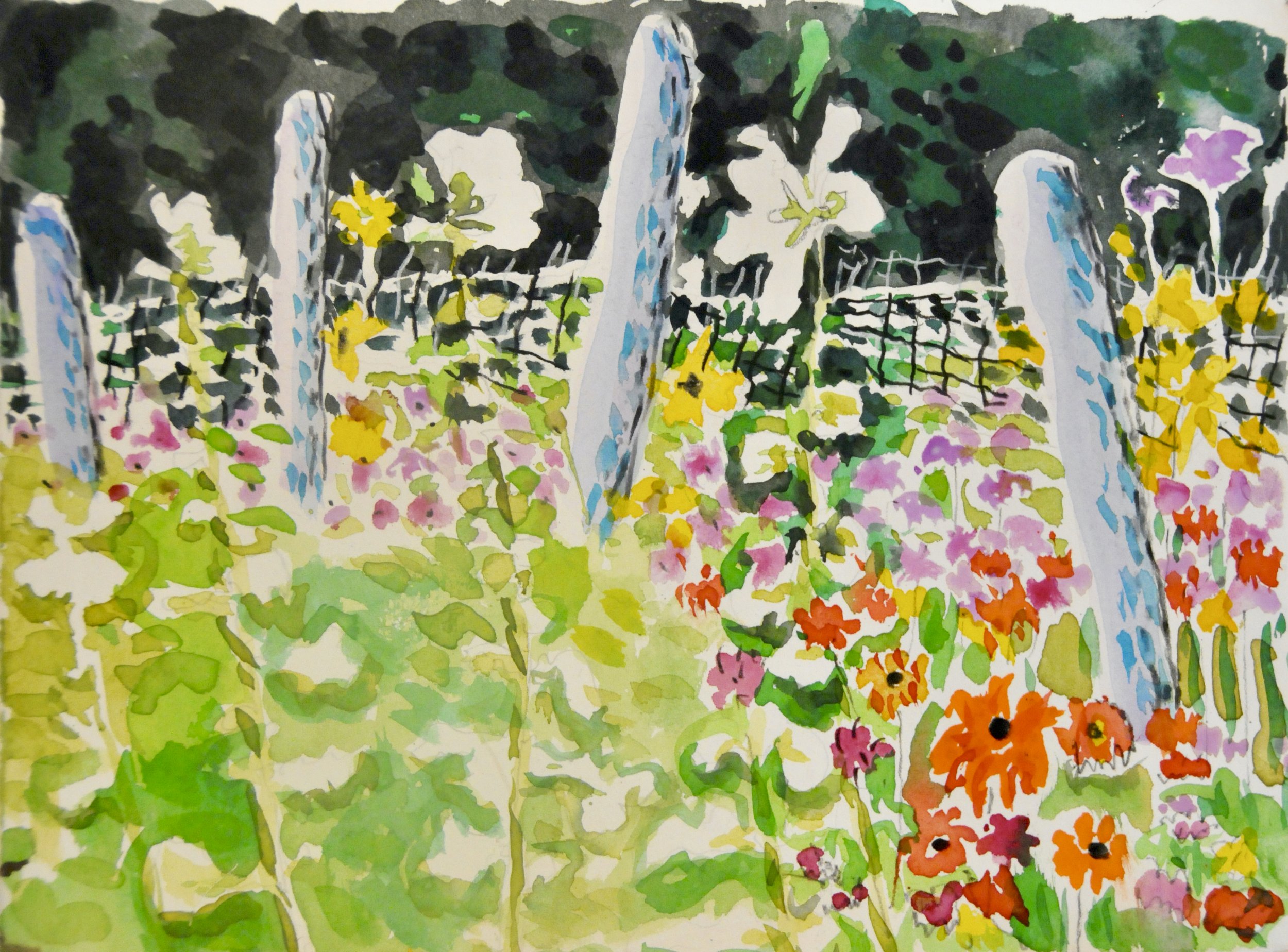 Four Fenceposts with Hollyhocks, 2011