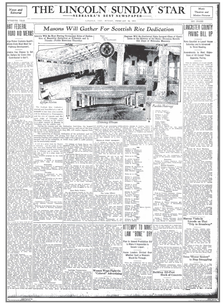 February 18, 1917 Lincoln Sunday Star - front page article about the dedication of the Lincoln Scottish Rite Temple.