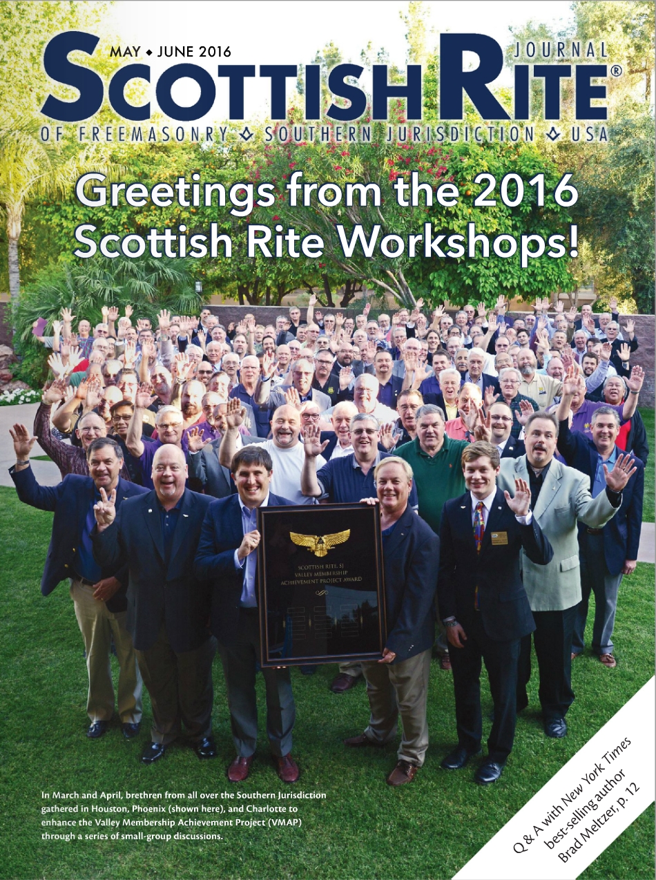 May-June 2016 Scottish Rite Journal , featuring Scottish Rite Masons at the Phoenix Leadership Workshop in April, holding up a VMAP plaque.