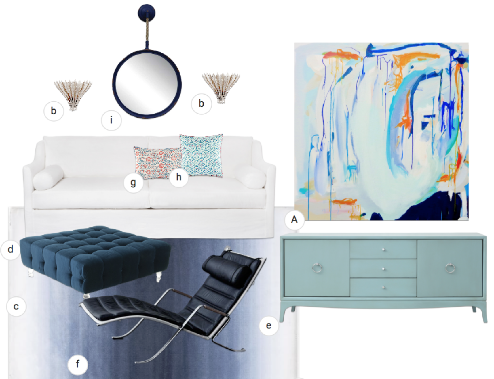 A. Artwork by Susan Skelley b. Hampton sconces by Aerin Lauder c. Tufted ottoman with acrylic legs from Mod Shop d. Dalia sofa by Cisco e. Fiona console by Redford House f. Grasshopper chair by Montauk Sofa g. & h. throw pillows by John Robshaw
