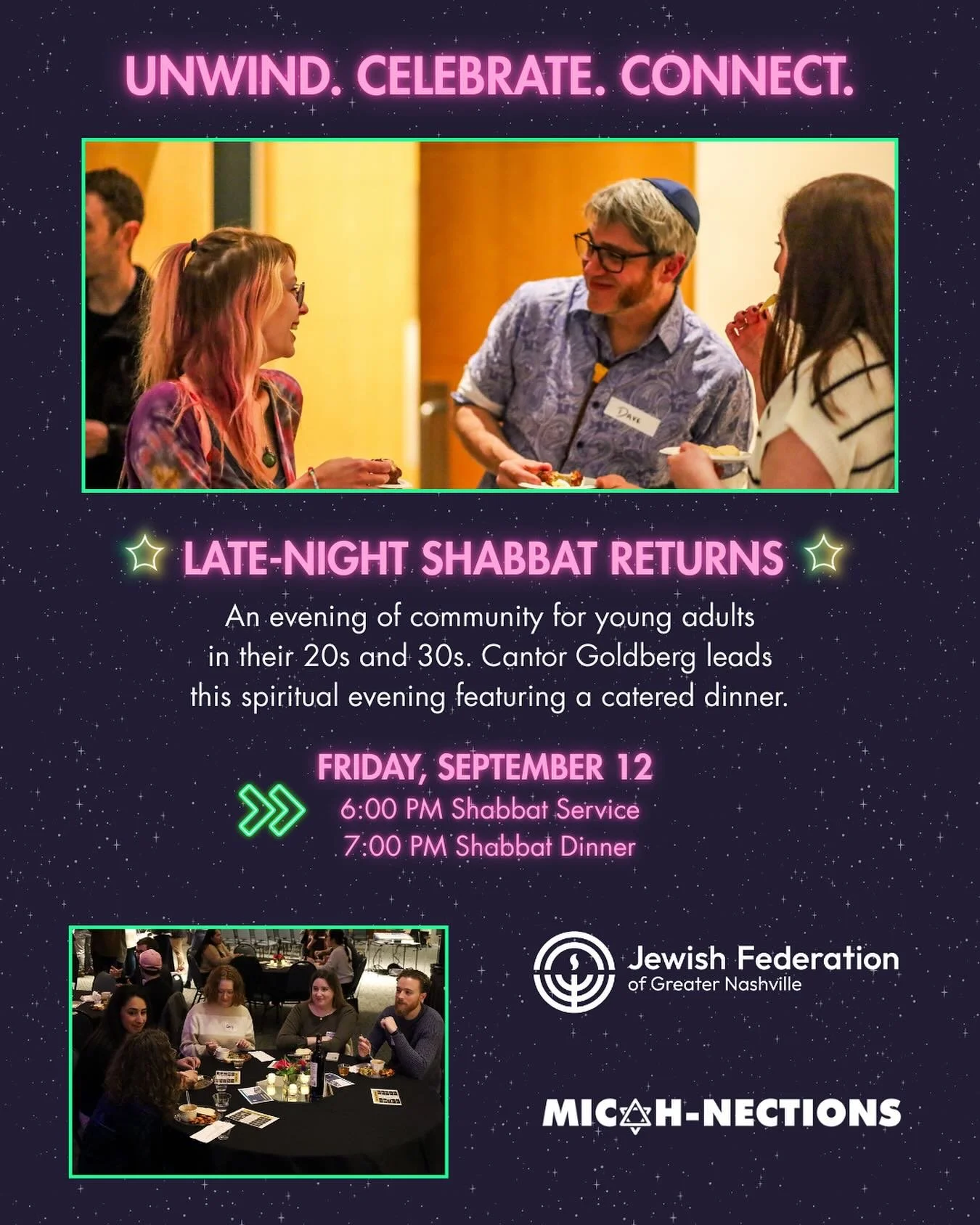 Unwind. Celebrate. Connect.
Late Night Shabbat.
See you there 😎

RSVP Link in Bio 🥳