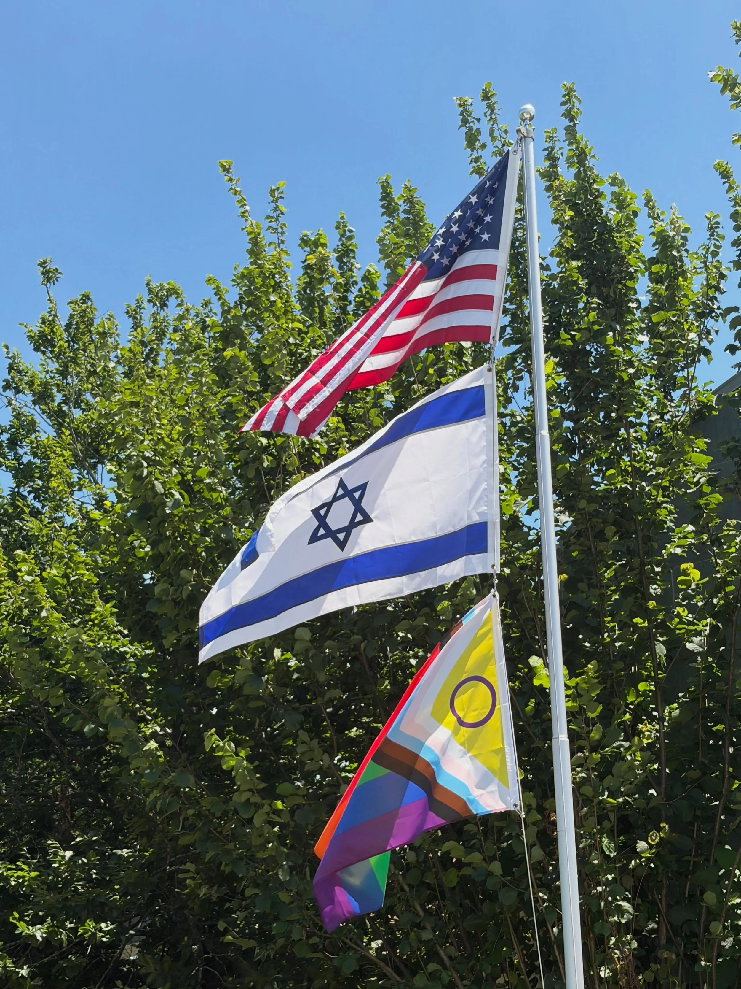 Why do we have three flags on our flag pole at Micah? The American flag, because we are patriotic proud Americans who are grateful to live in such a beautiful country; the Israeli flag, because we are Am Yisrael, a joinable tribal group with shared h
