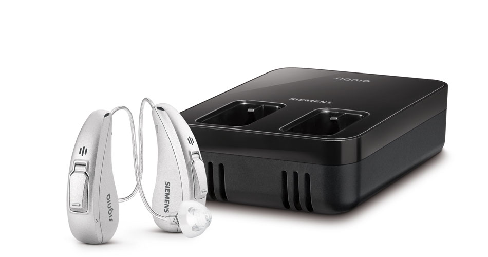 Signia Cellion primax hearing aids and charging station