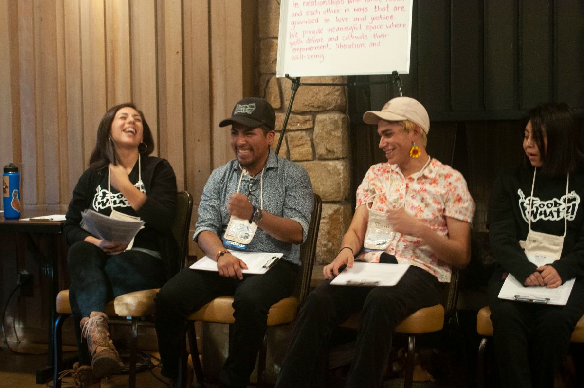Irene, Uriel, Migé and Eustolia leading a workshop at the EcoFarm Conference on youth agency, empowerment and wellness.