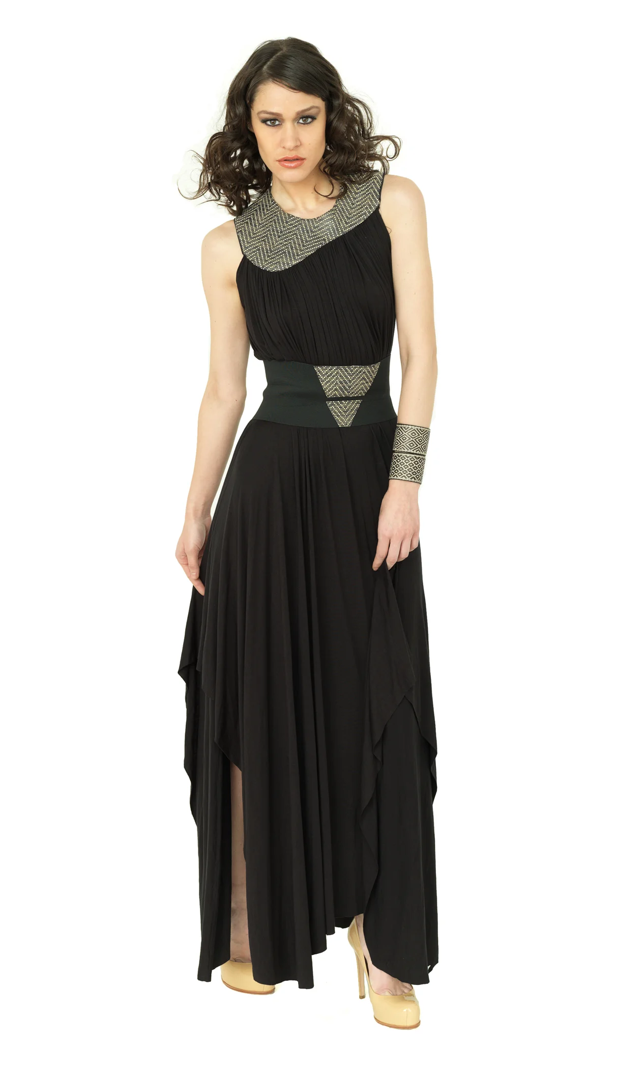 Long Maxi Dress with Vinyl Neckline Trim (sb1242)