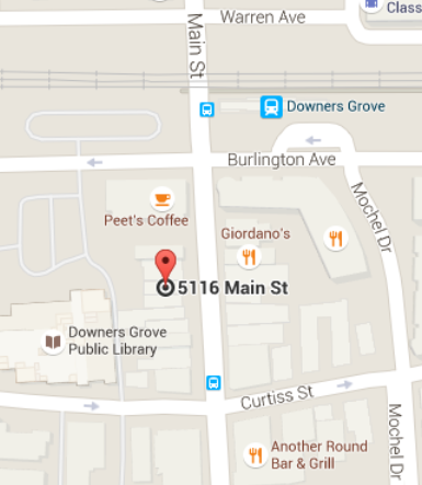 We are located at  5116 Main Street Suite B, Downers Grove, IL 60515    The north parking lot of the Downers Grove Library. (Back alleyway)