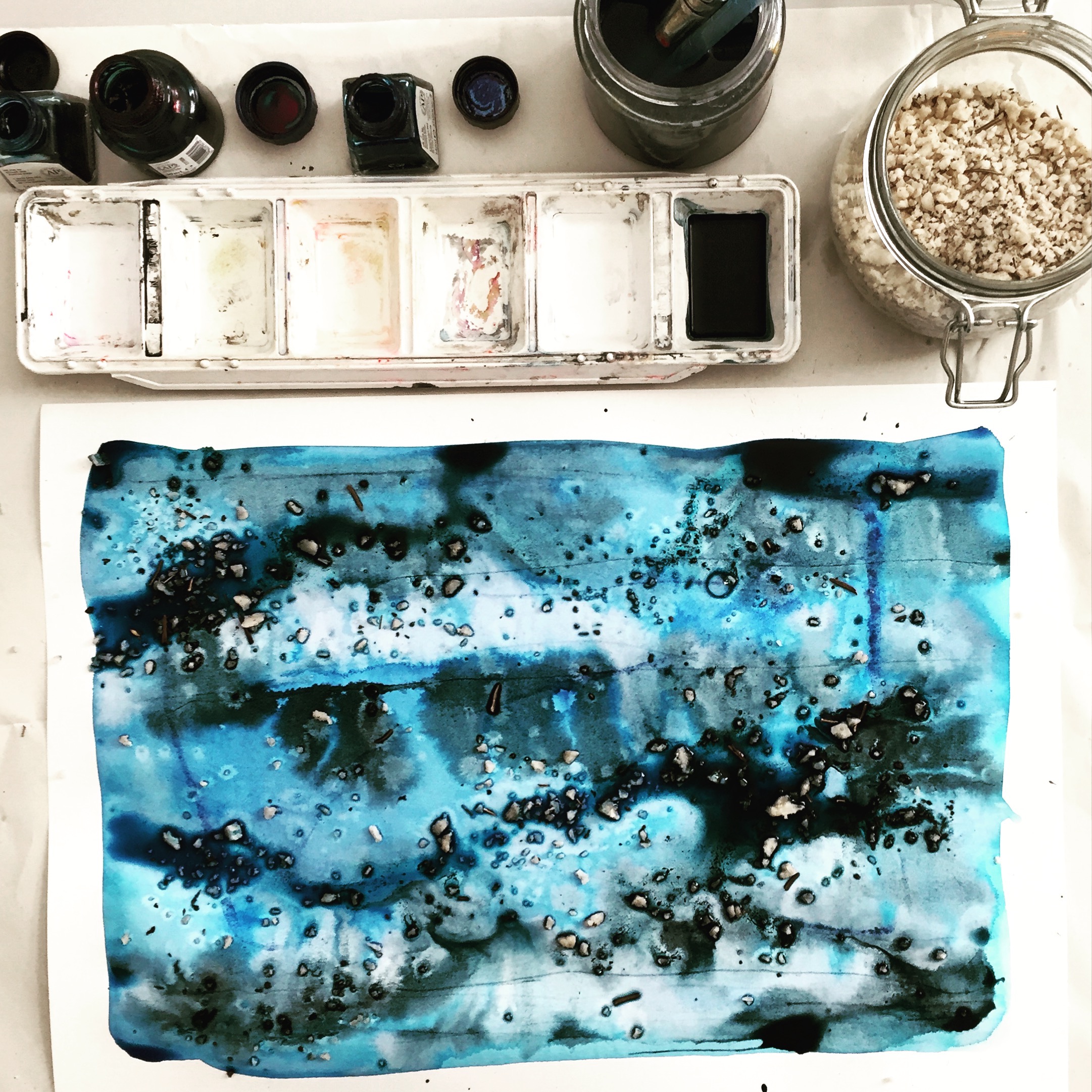 Studio development of abstract textures using salt and ink