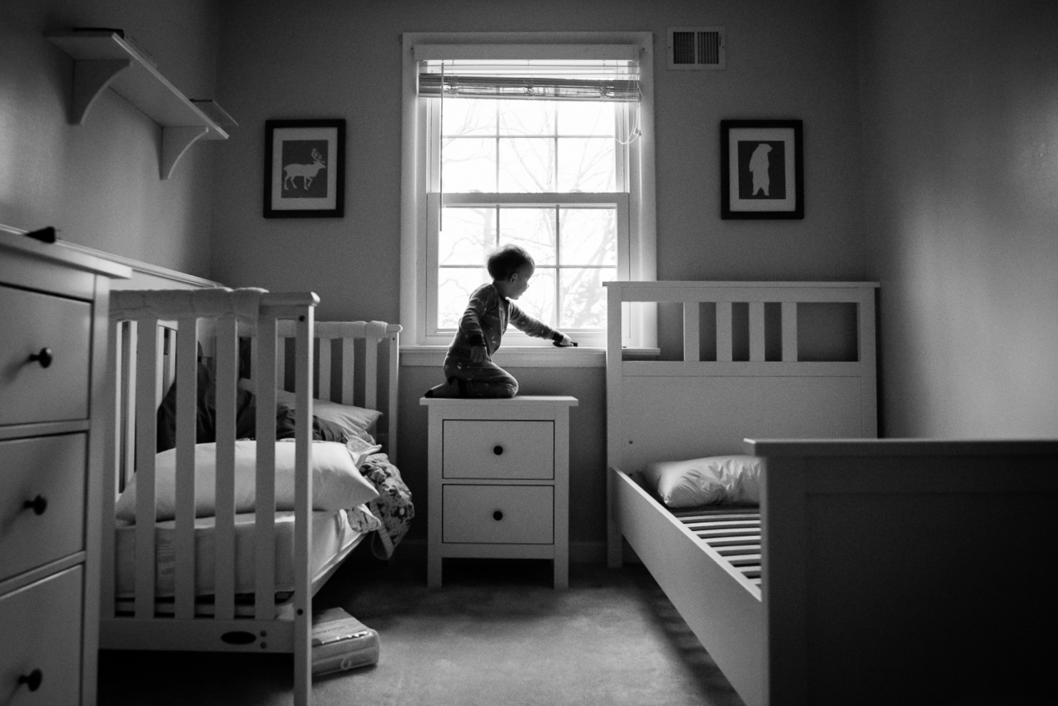 Northern Virginia family lifestyle and documentary photography, child climbing on furniture to play at window