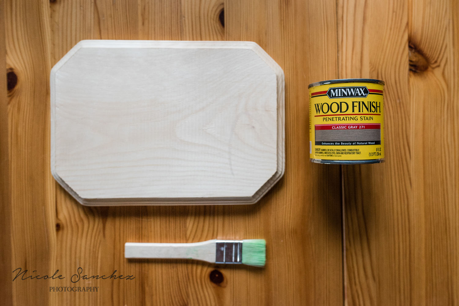 Unfinished wood plaque with can of stain and paintbrush | Alexandria VA family photographer