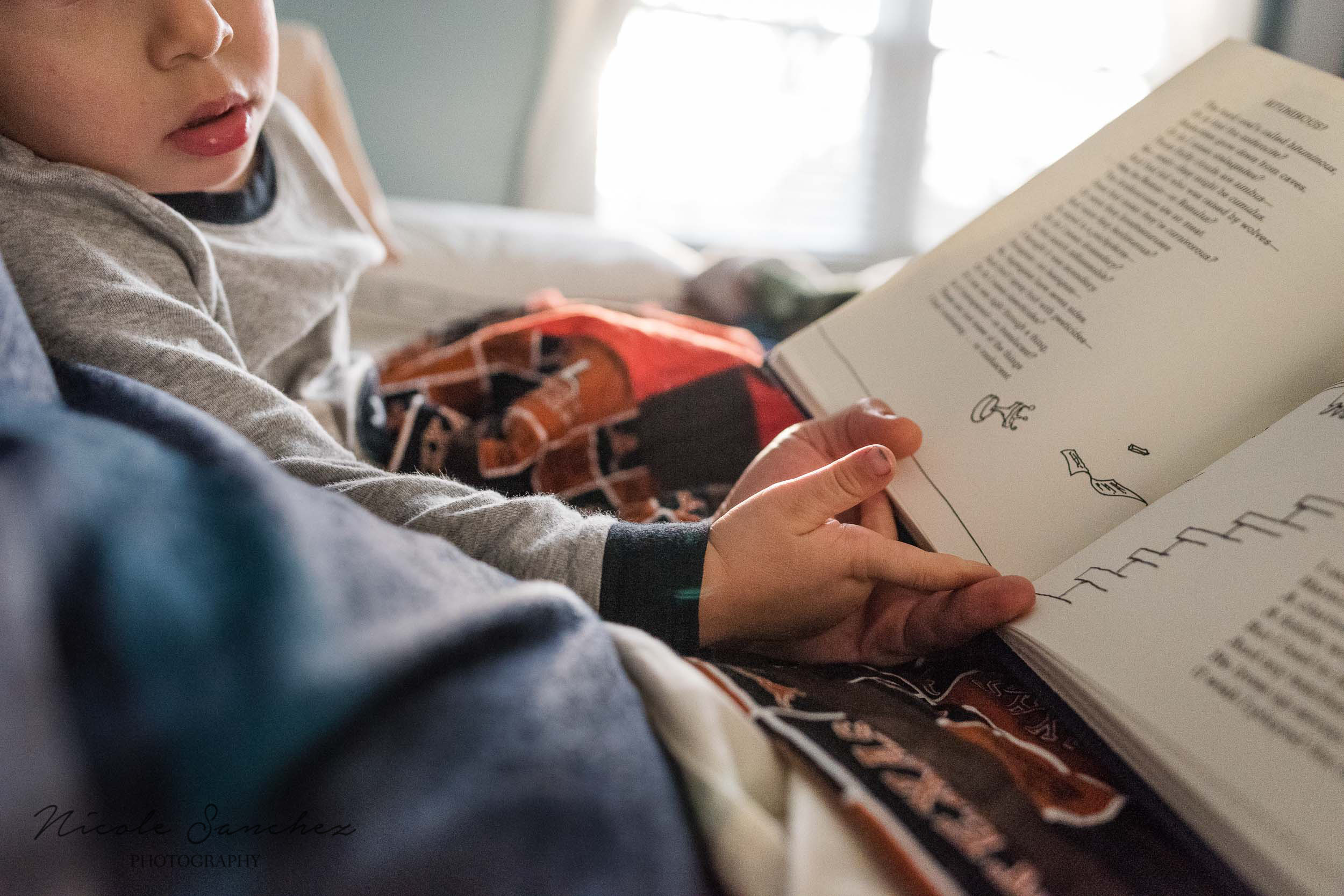 Boy holding dad's hand while reading by Northern Virginia Family Photographer Nicole Sanchez